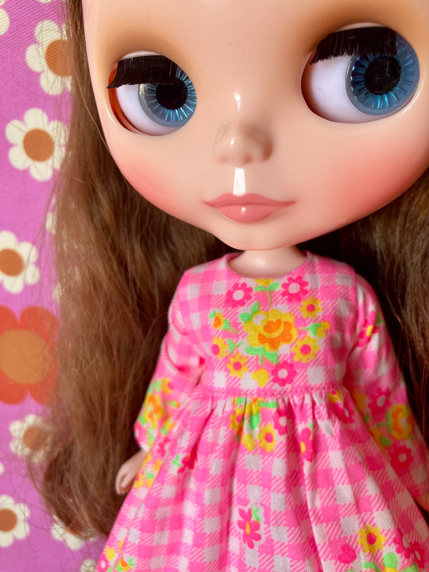 Pink Gingham Long Sleeve Dress for Blythe Doll
