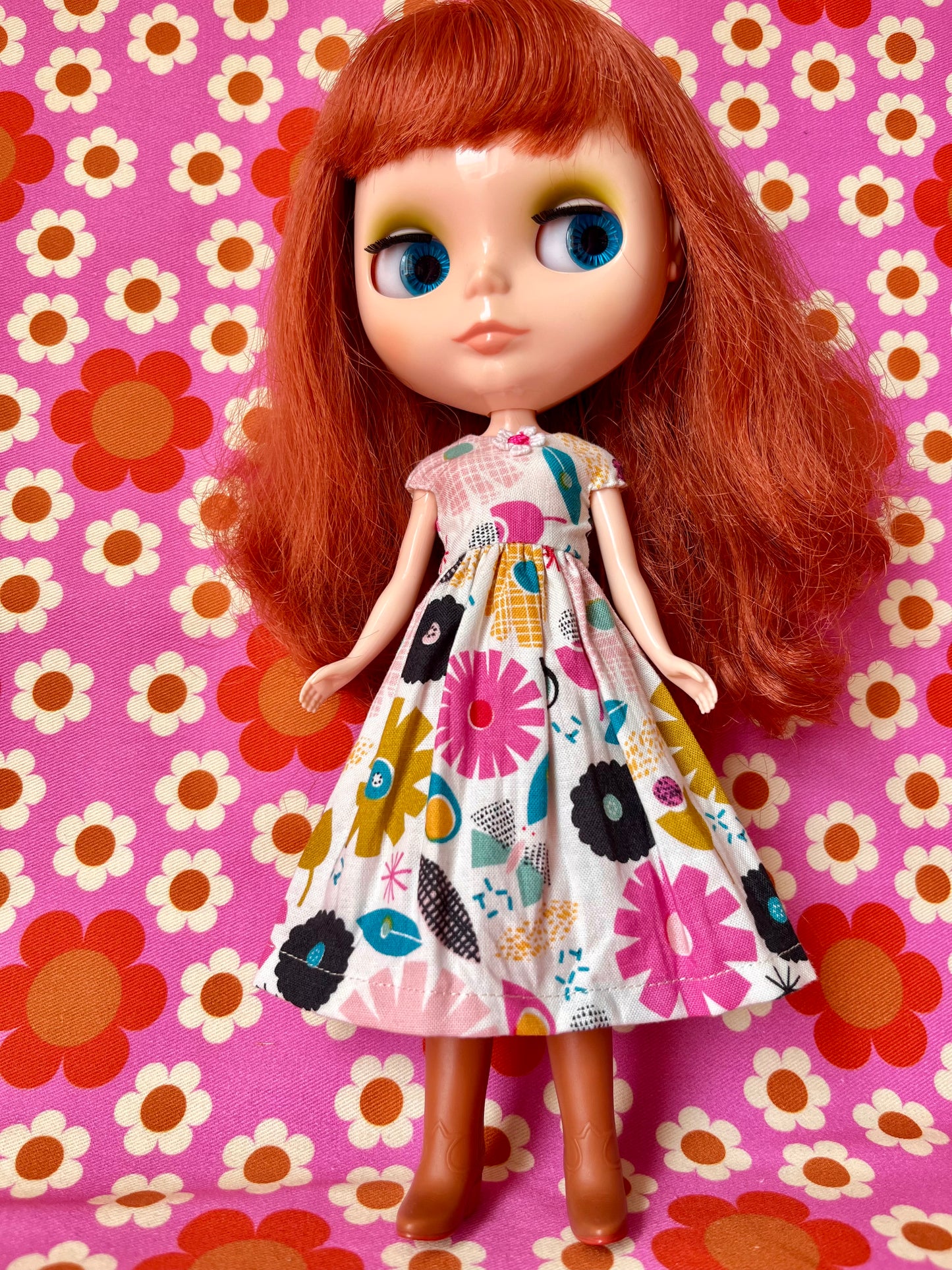 50s Flowers Summer Cap Sleeve Dress for Blythe Doll