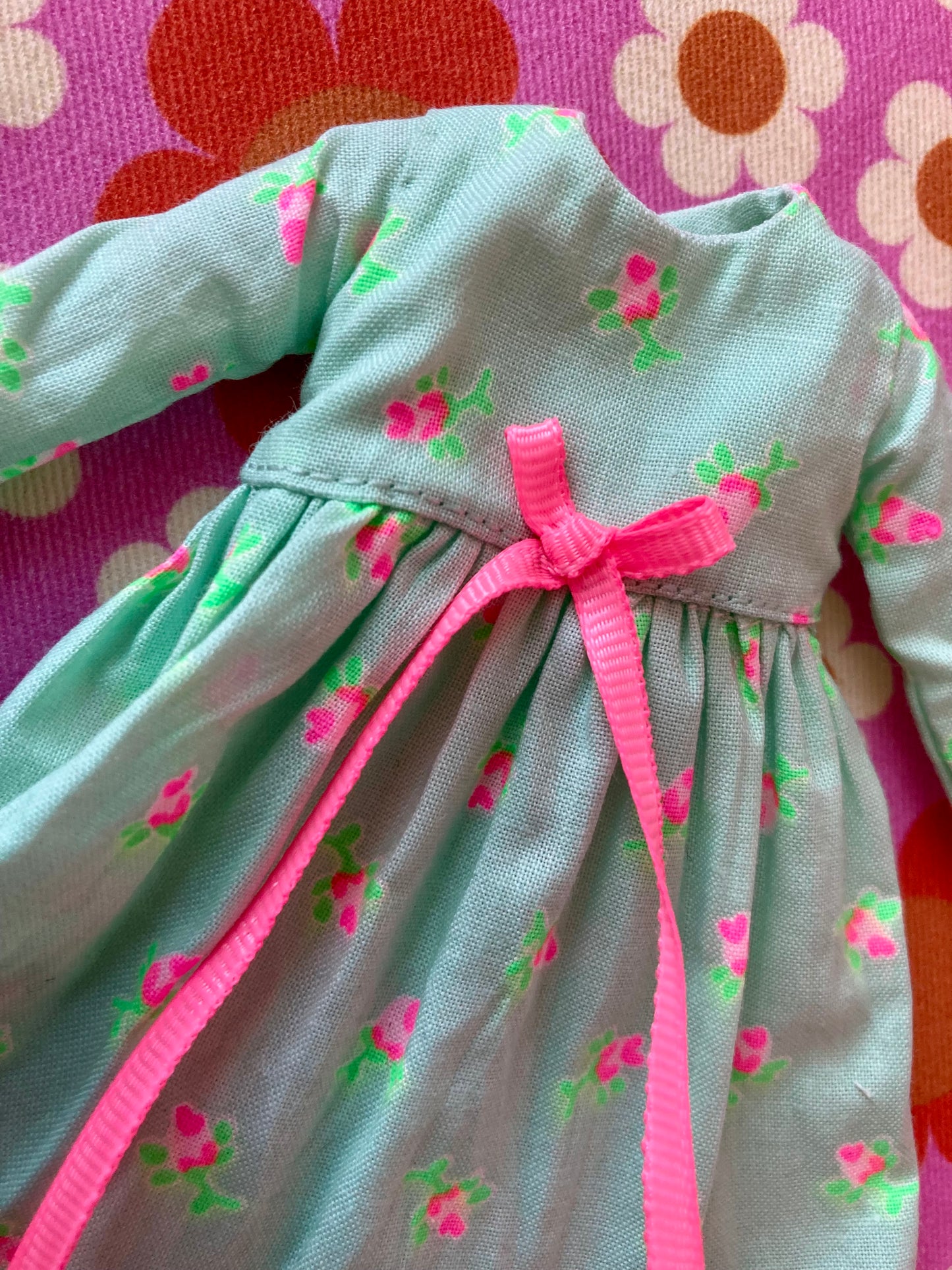Mint Long Neon Rosebud Print Dress for Blythe Doll