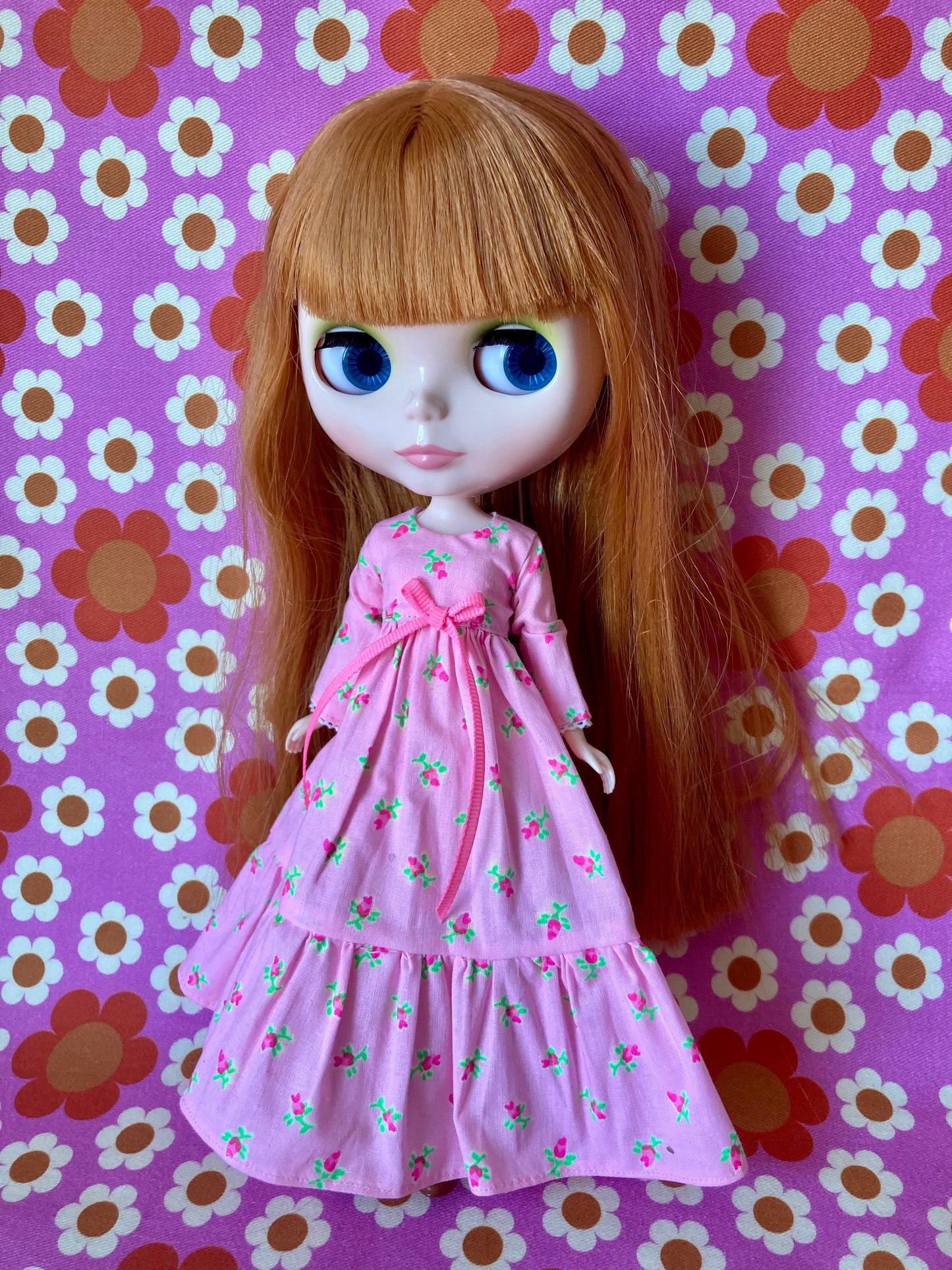 Pink Long Neon Rosebud Print Dress for Blythe Doll