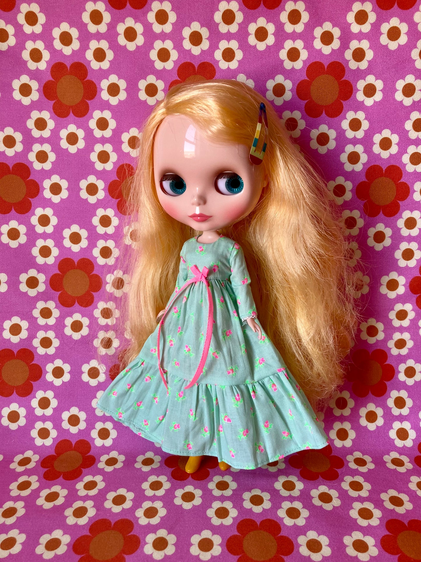 Mint Long Neon Rosebud Print Dress for Blythe Doll