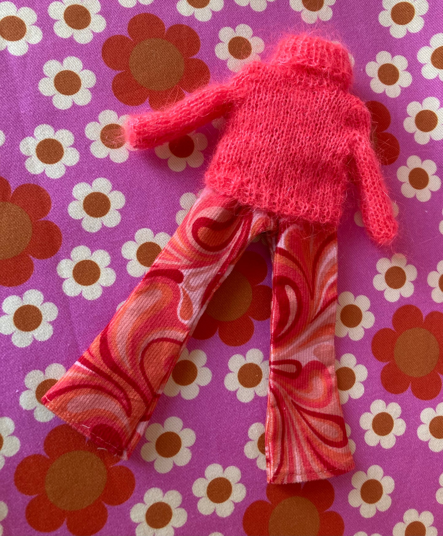 Retro print Corduroy Flared Trousers & Mohair Sweater Set for Blythe Doll