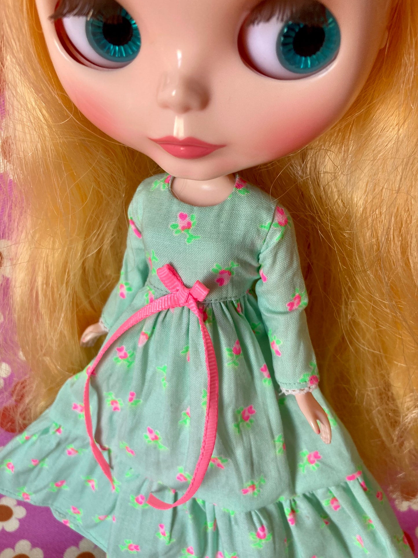 Mint Long Neon Rosebud Print Dress for Blythe Doll