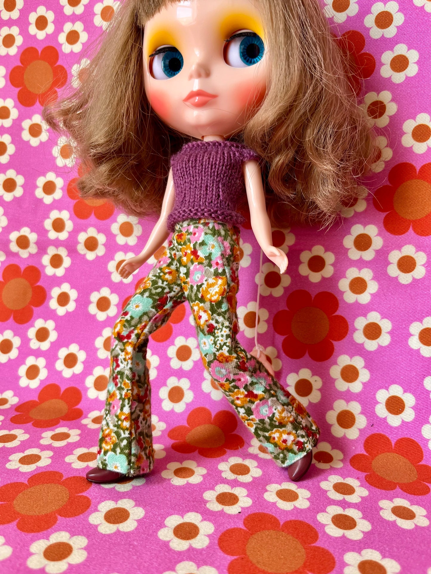 Green floral Flared Jeans Brushed Cotton Trousers for Blythe Doll