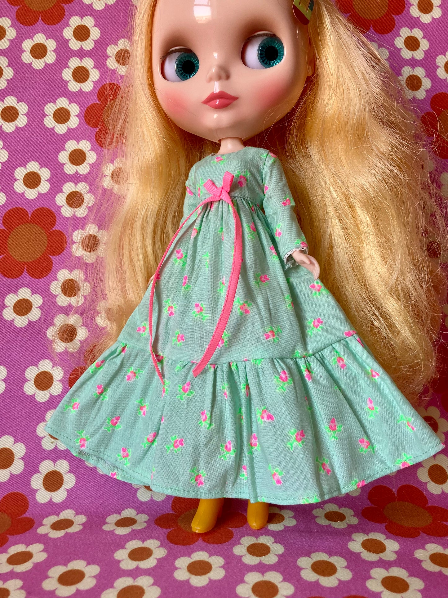 Mint Long Neon Rosebud Print Dress for Blythe Doll