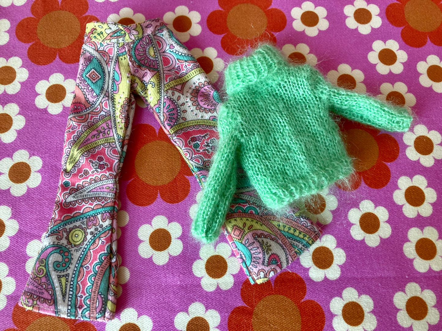Liberty Corduroy Flared Trousers & Mohair Sweater Set for Blythe Doll