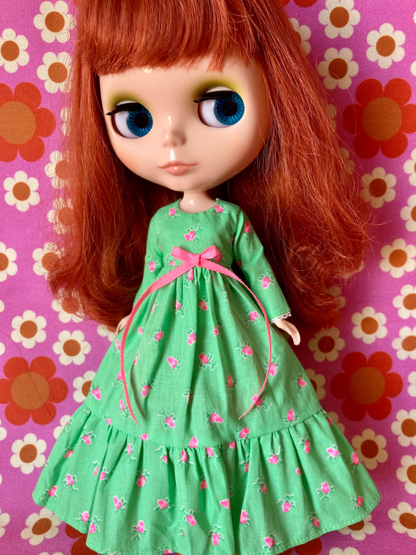 Green Long Neon Rosebud Print Dress for Blythe Doll