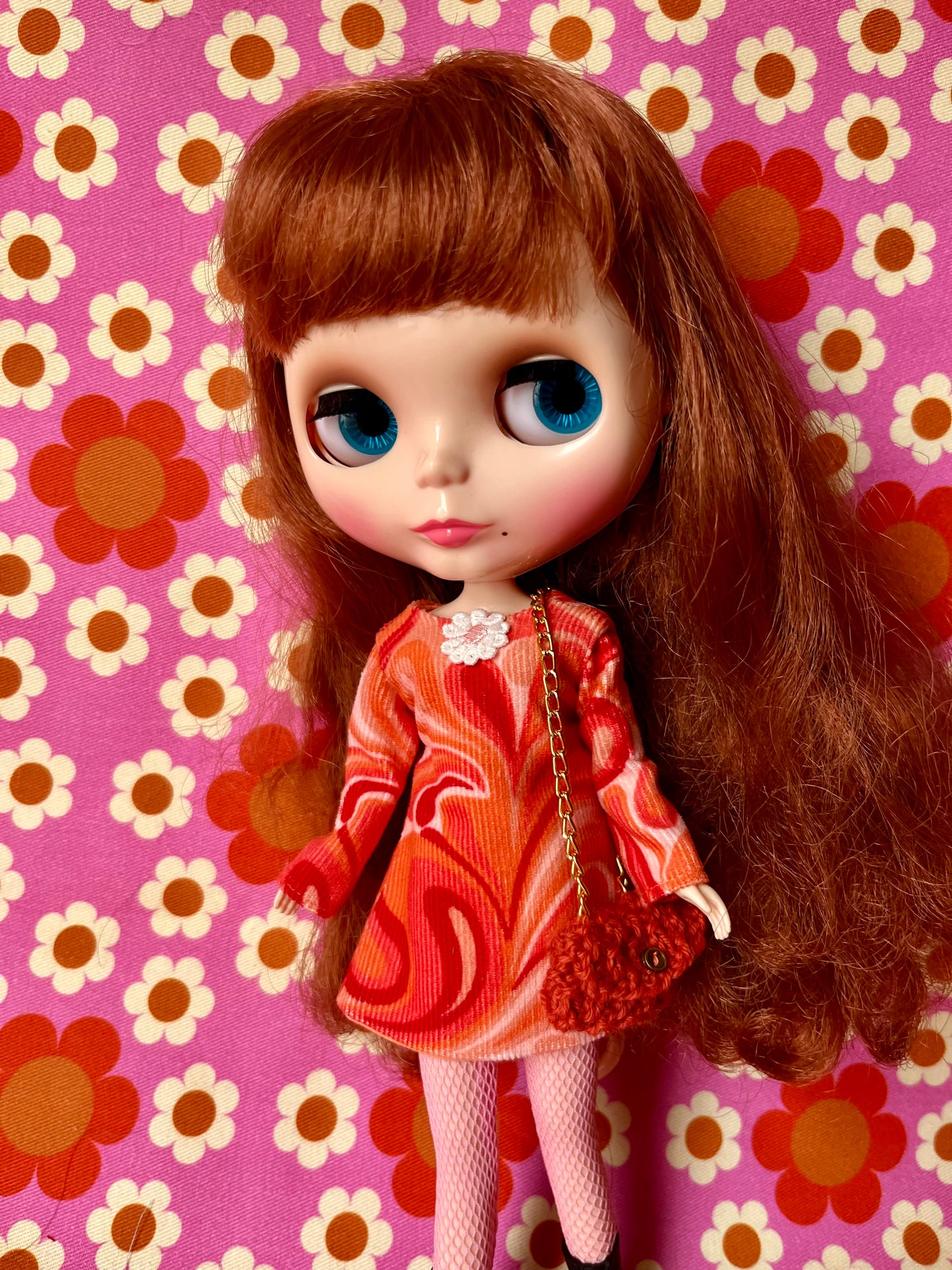 Psychedelic Corduroy Shift dress with sleeves & Bag which opens