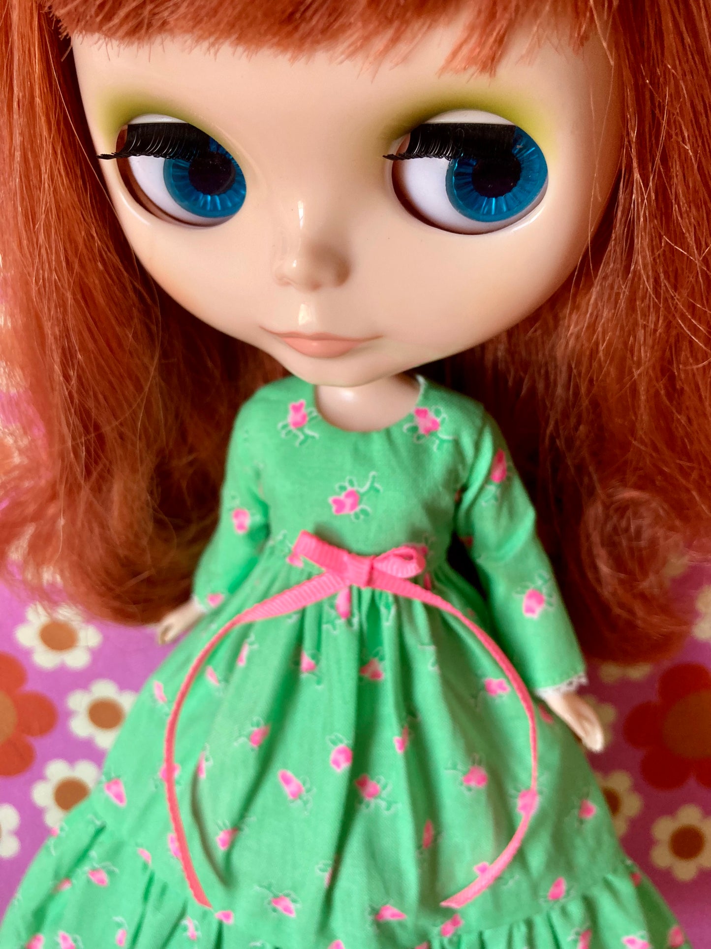 Green Long Neon Rosebud Print Dress for Blythe Doll