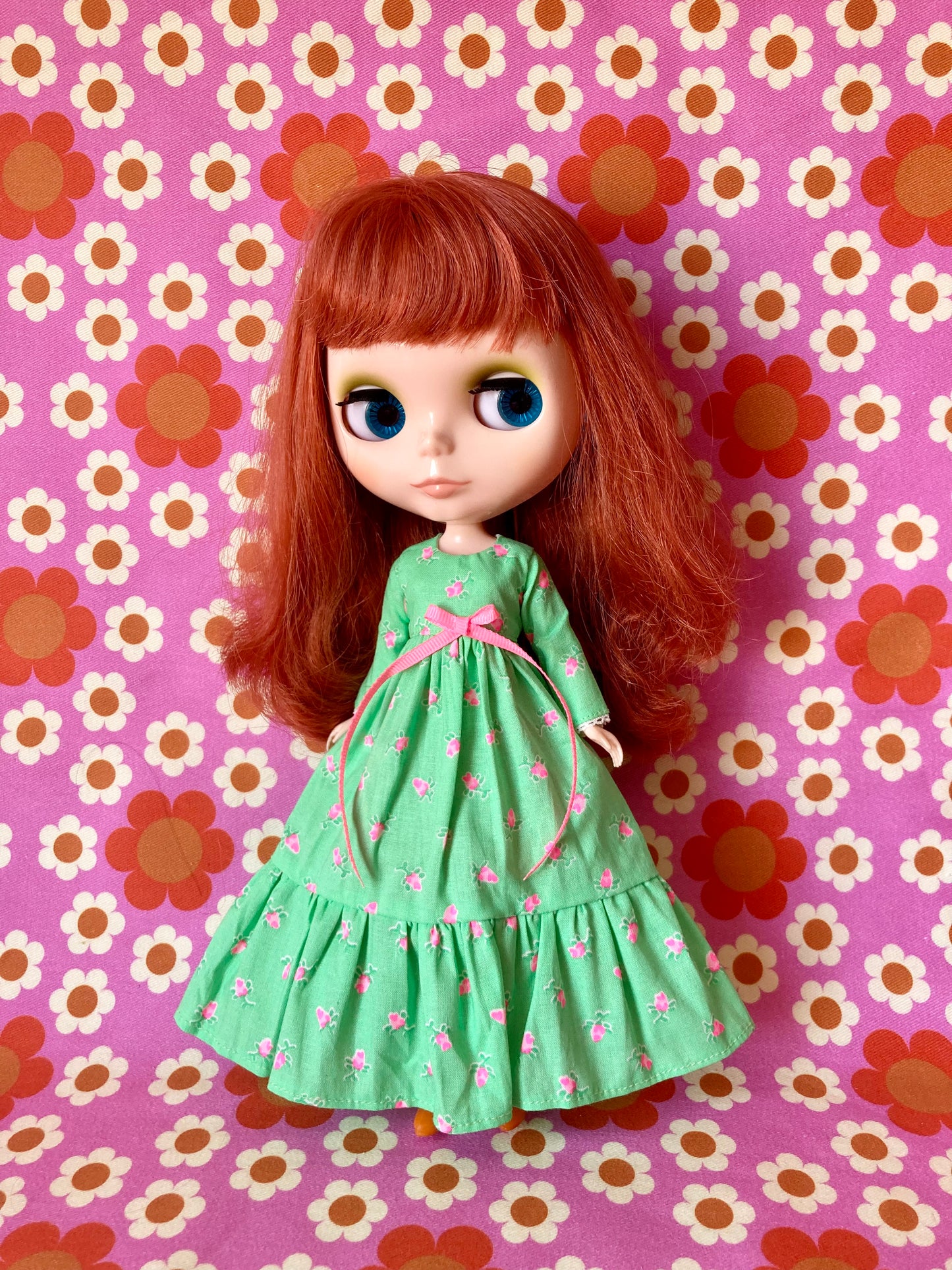 Green Long Neon Rosebud Print Dress for Blythe Doll