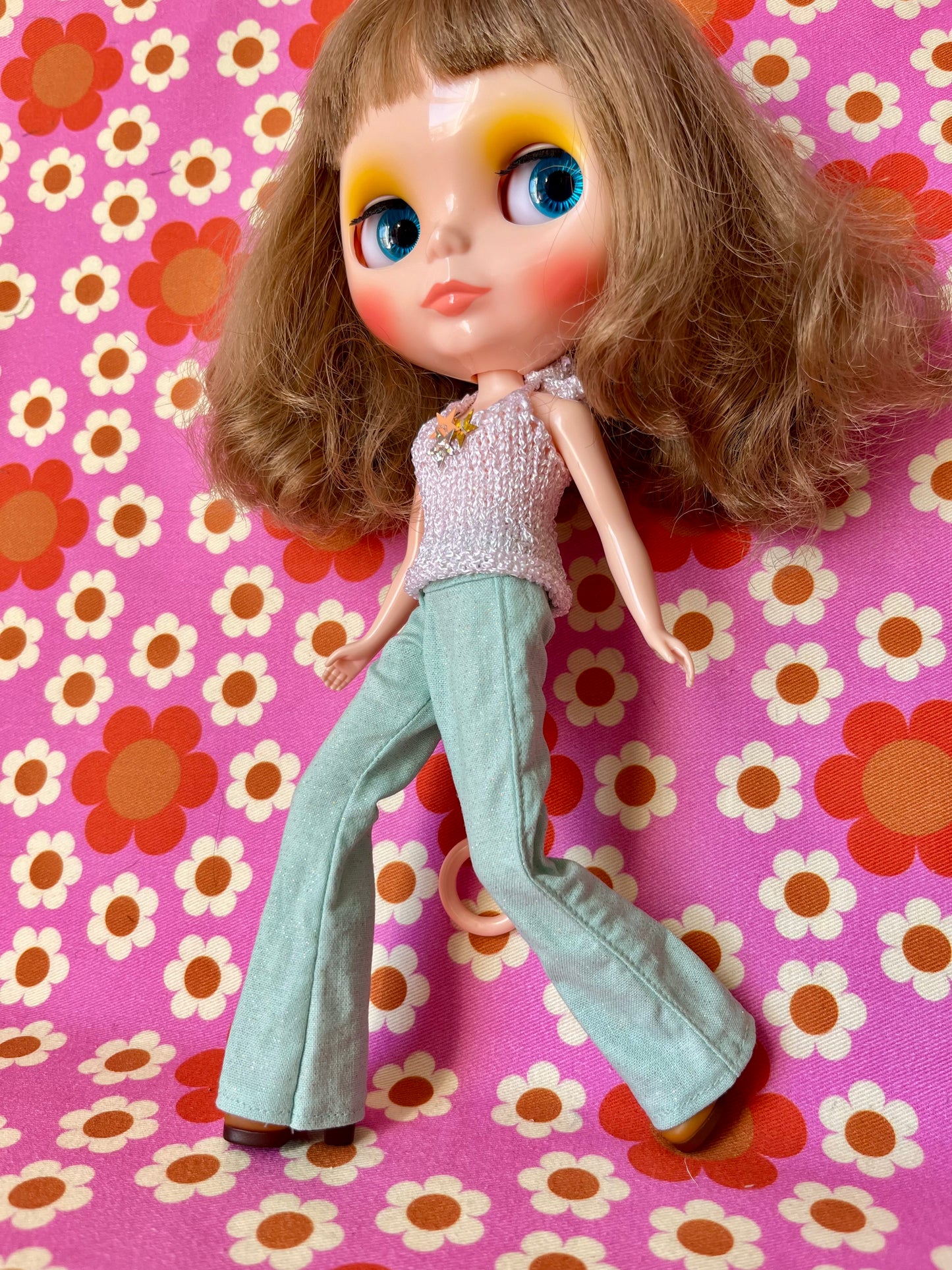 Mint Green Glitter Sparkle Flared Jeans Trousers for Blythe Doll Limited!
