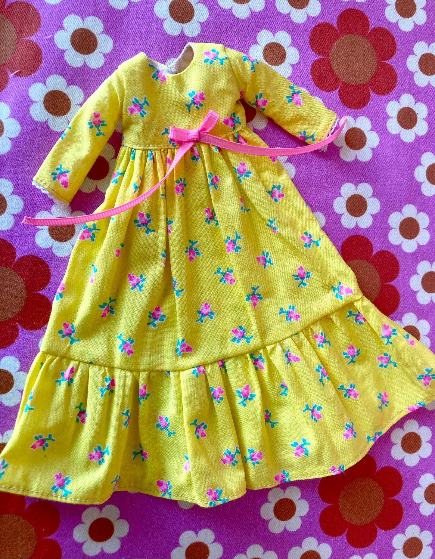 Yellow Long Neon Rosebud Print Dress for Blythe Doll