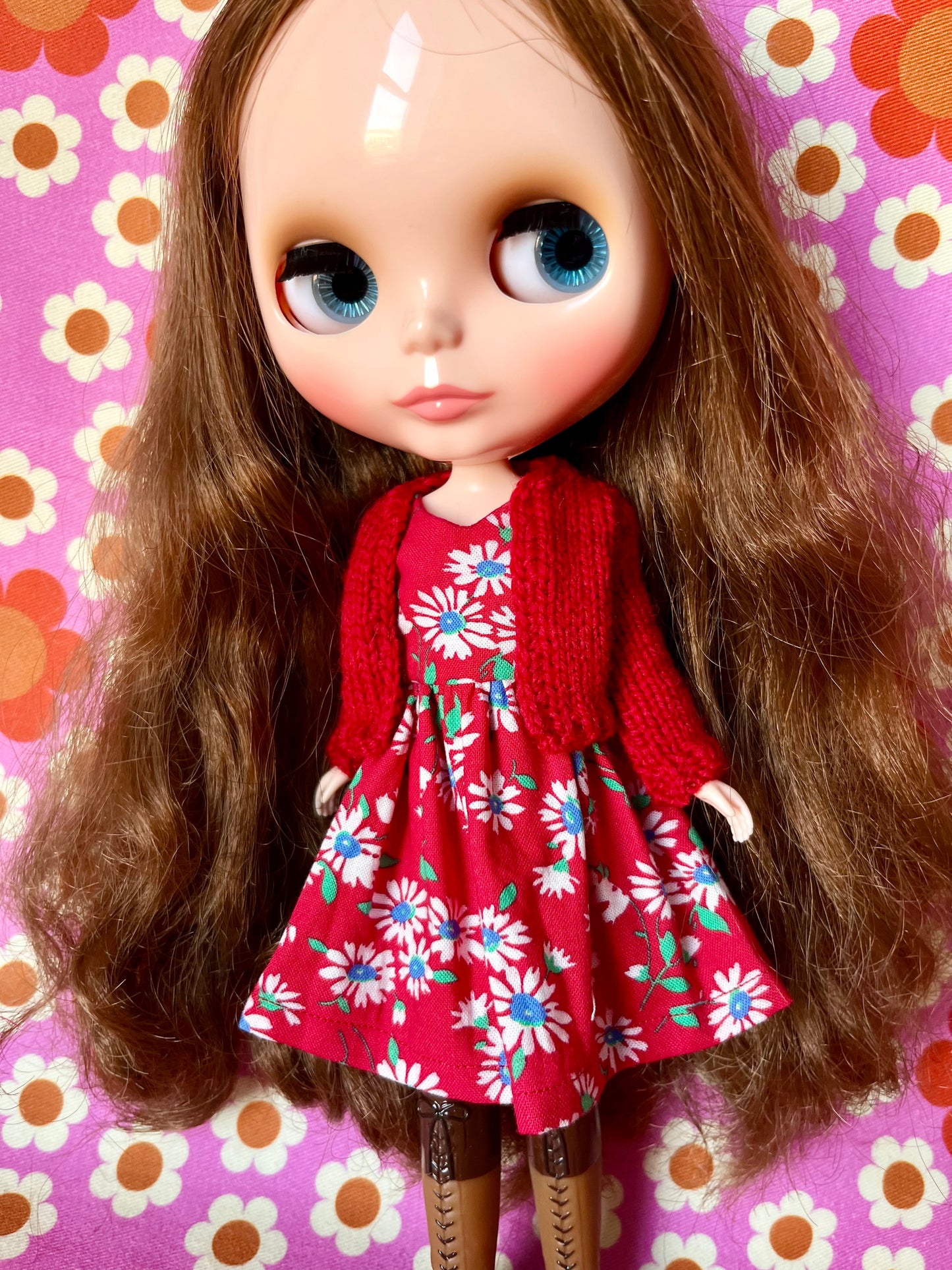 Red Daisy Dress & Cardigan for Blythe Doll