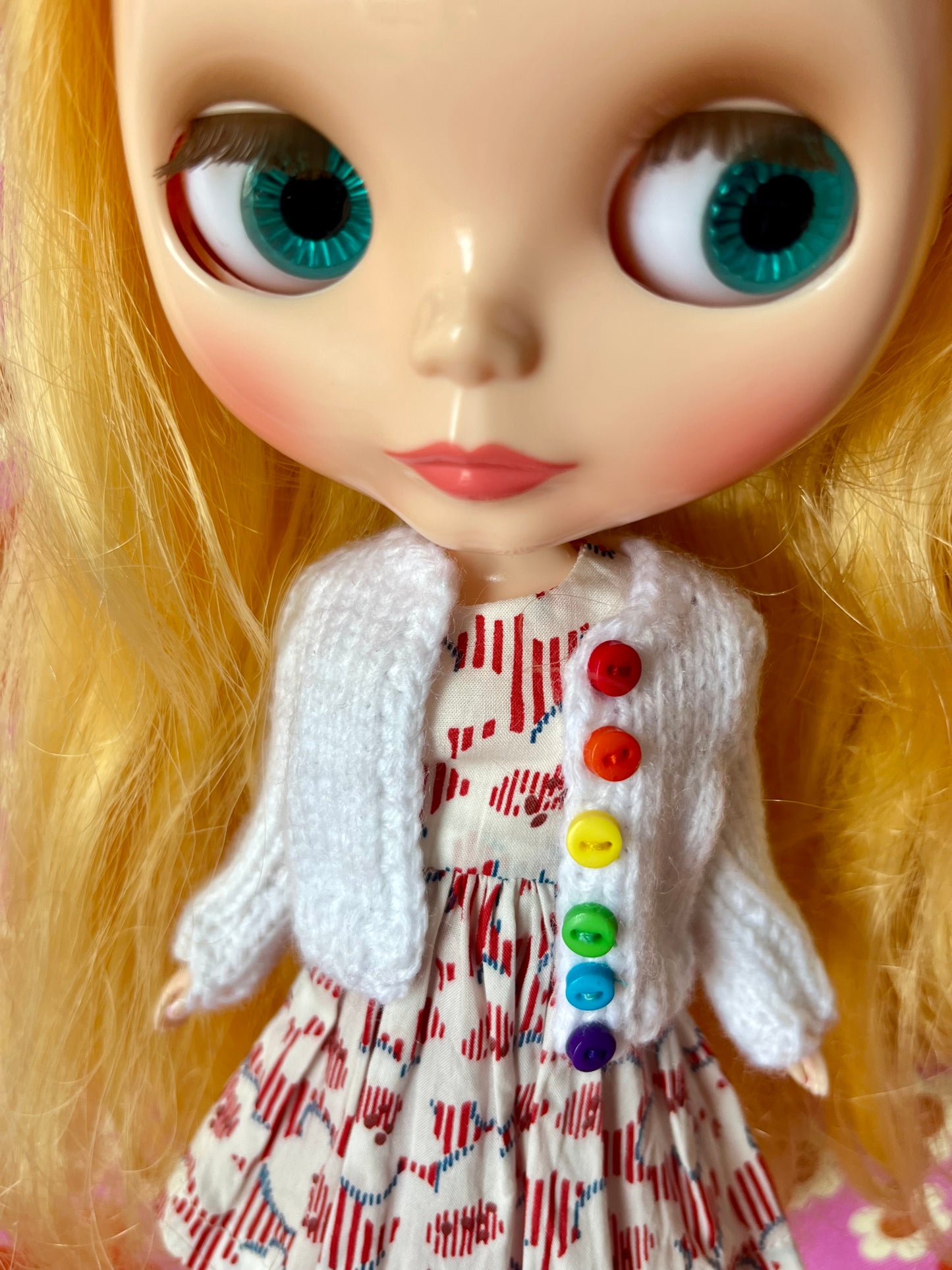 White Liberty Cap Sleeve Dress & Knitted Cardigan for Blythe Doll