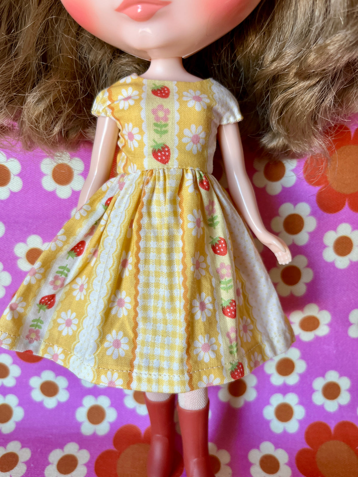 Yellow Strawberry Stripe Summer Cap Sleeve Dress for Blythe Doll