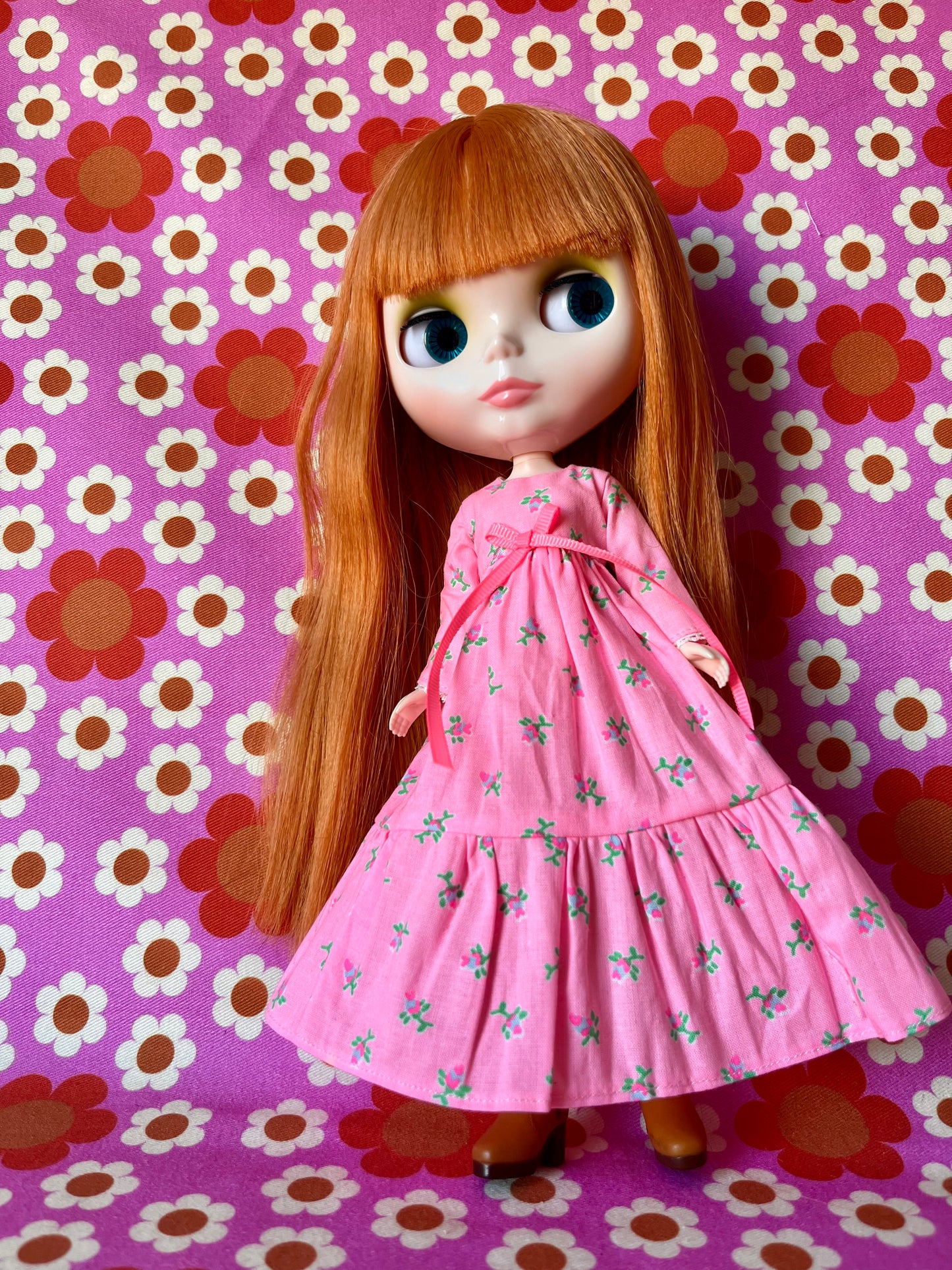 Long Neon Rosebud Print Dress for Blythe Doll
