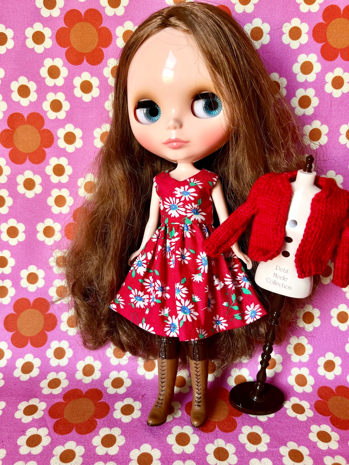 Red Daisy Dress & Cardigan for Blythe Doll