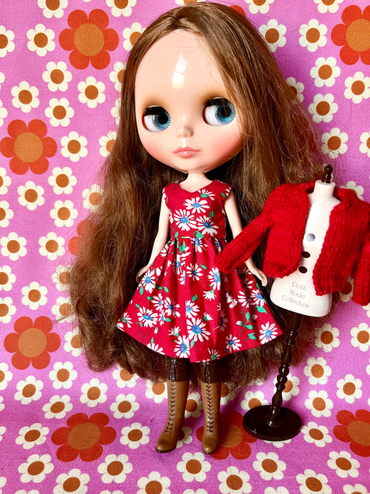 Red Daisy Dress & Cardigan for Blythe Doll