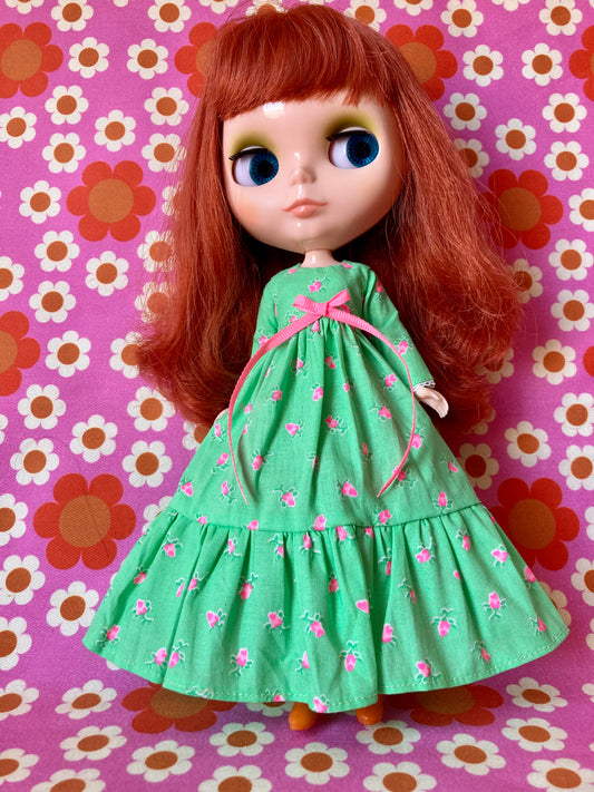 Green Long Neon Rosebud Print Dress for Blythe Doll