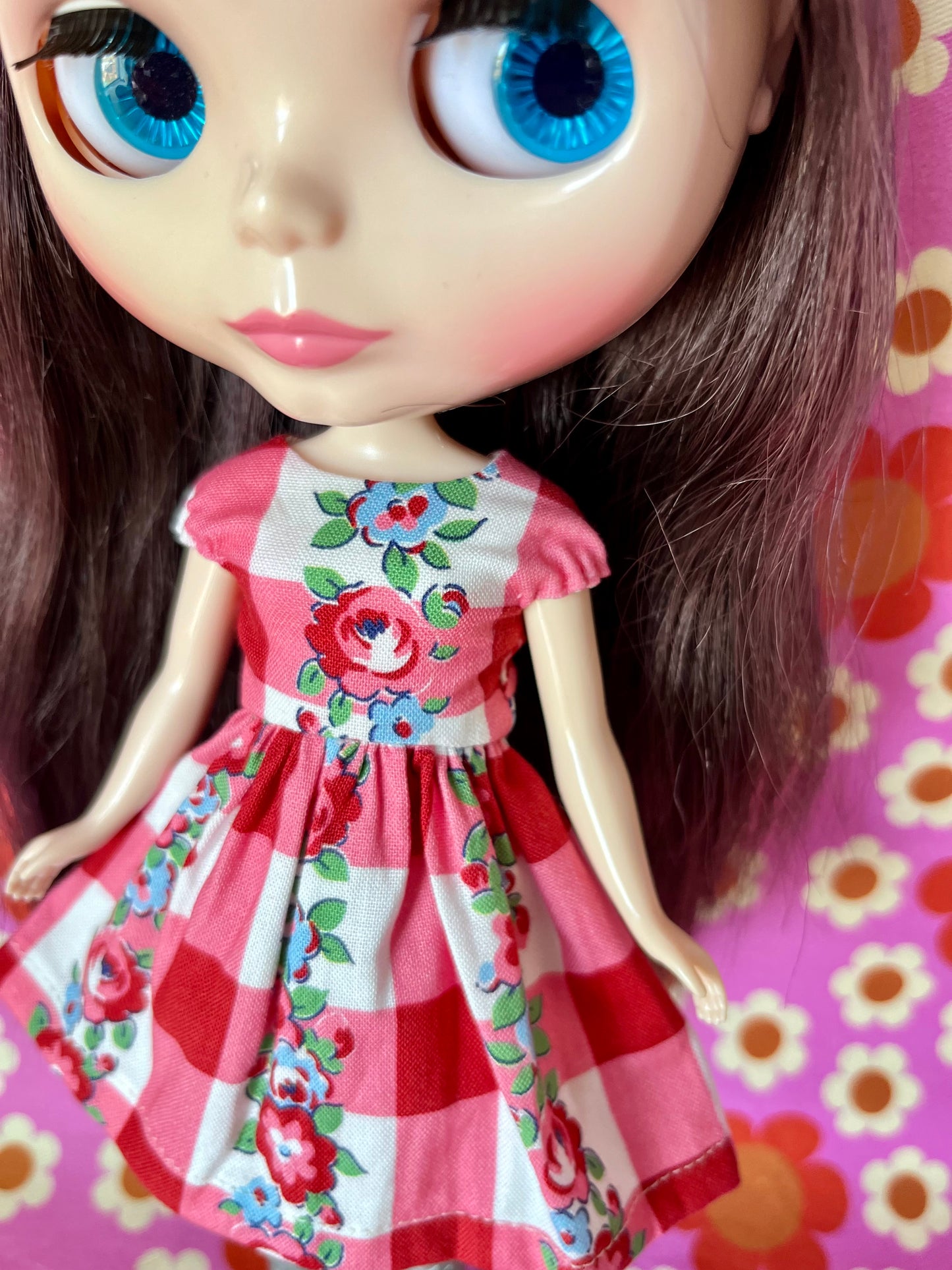Gingham Floral Stripe Valentine Cap Sleeve Dress for Blythe Doll