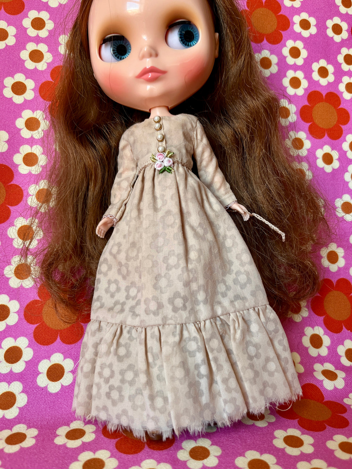 Tea Dyed Long Maypole Folk Dress for Blythe Doll