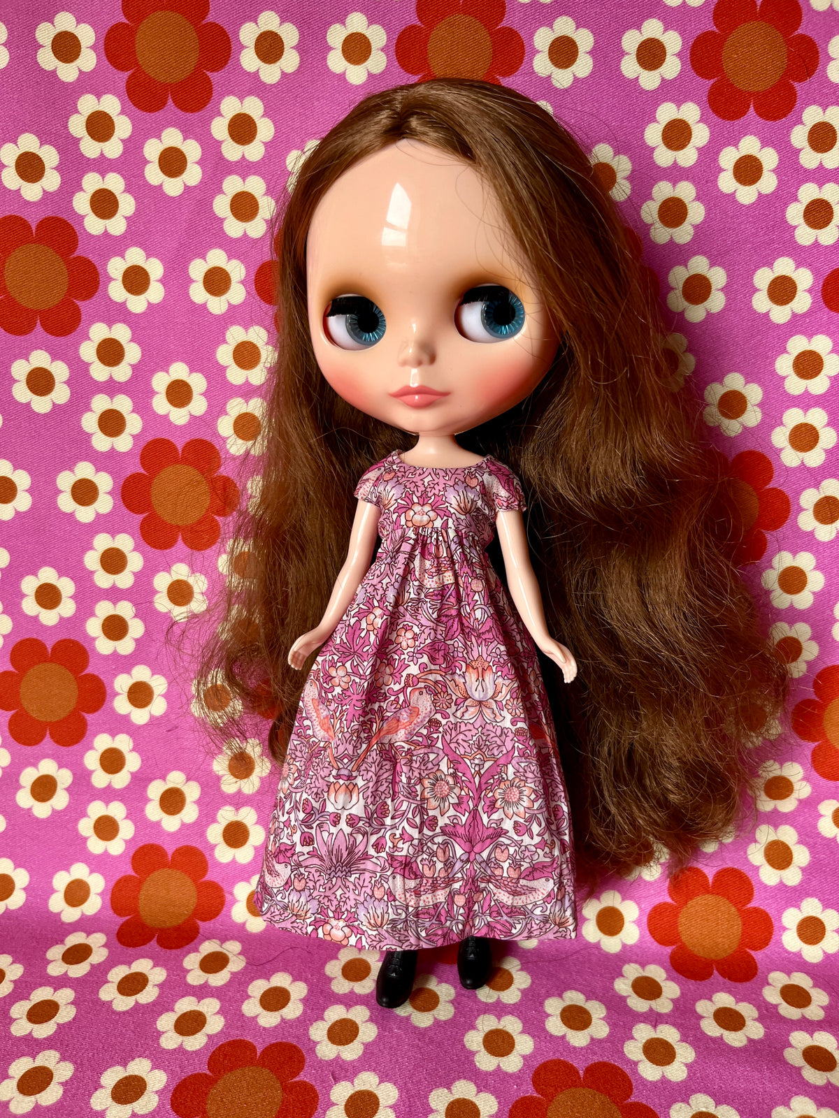 Goth Austen Liberty Regency Dress for Blythe Doll Strawberry Thief Pink