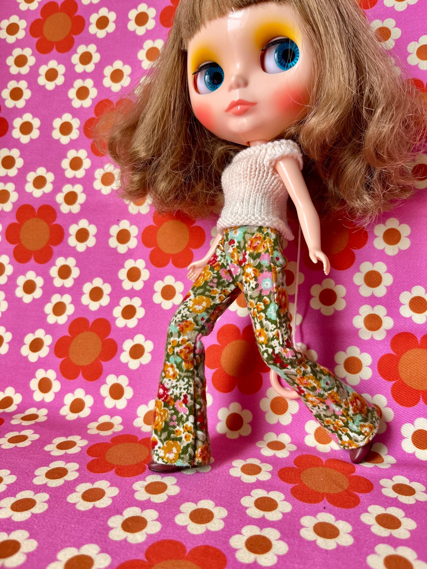 Green floral Flared Jeans Brushed Cotton Trousers for Blythe Doll