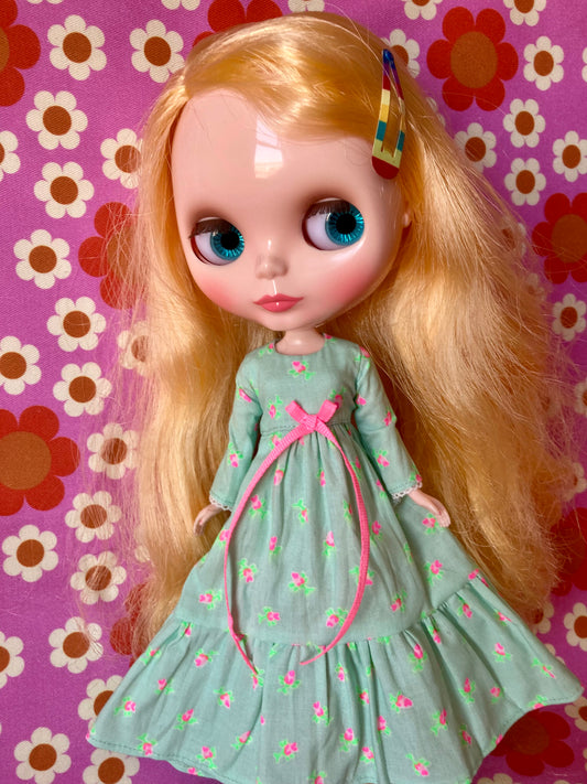 Mint Long Neon Rosebud Print Dress for Blythe Doll