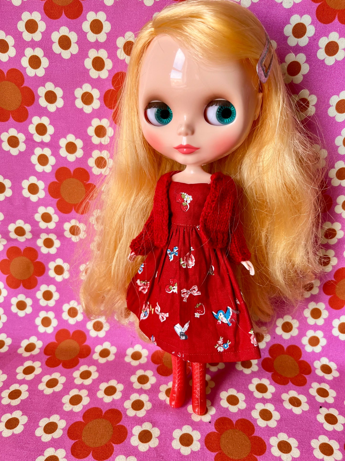 Japanese Print Cap Sleeve Dress & Knitted Cardigan for Blythe Doll
