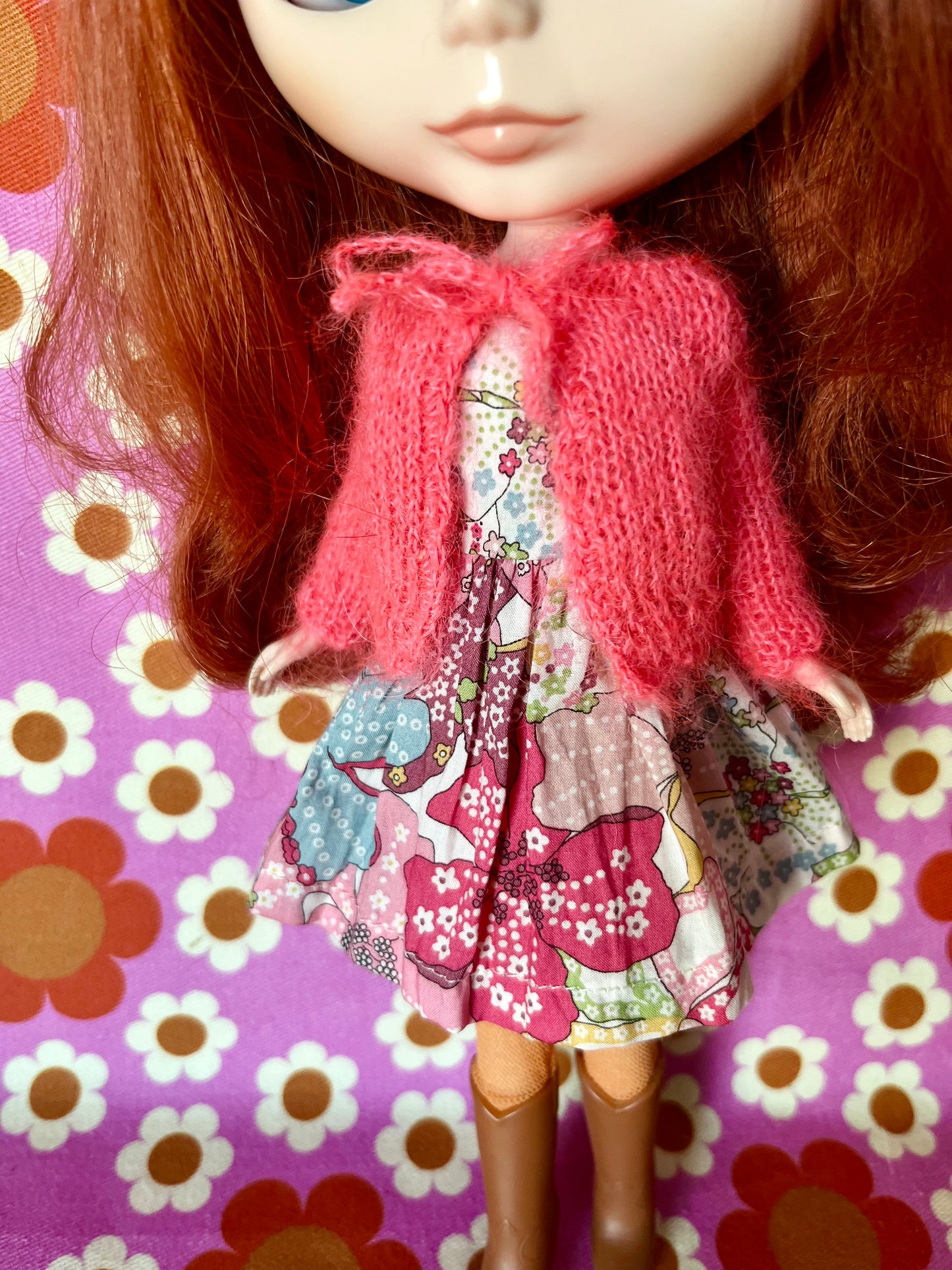 Liberty Print Dress & Reversible Mohair Cardigan for Blythe Doll