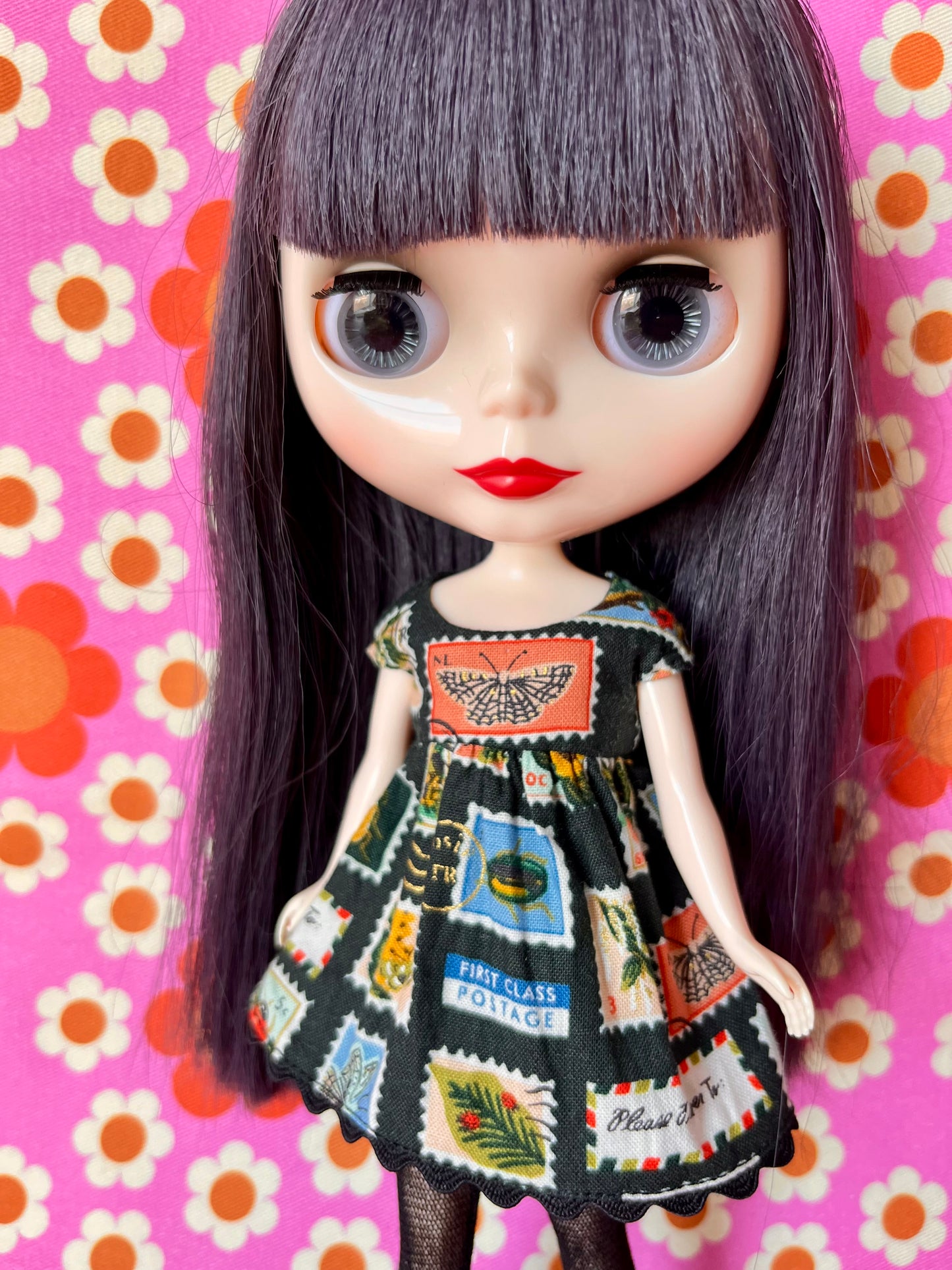 Black Postage Stamp Baby Doll Dress for Blythe Doll