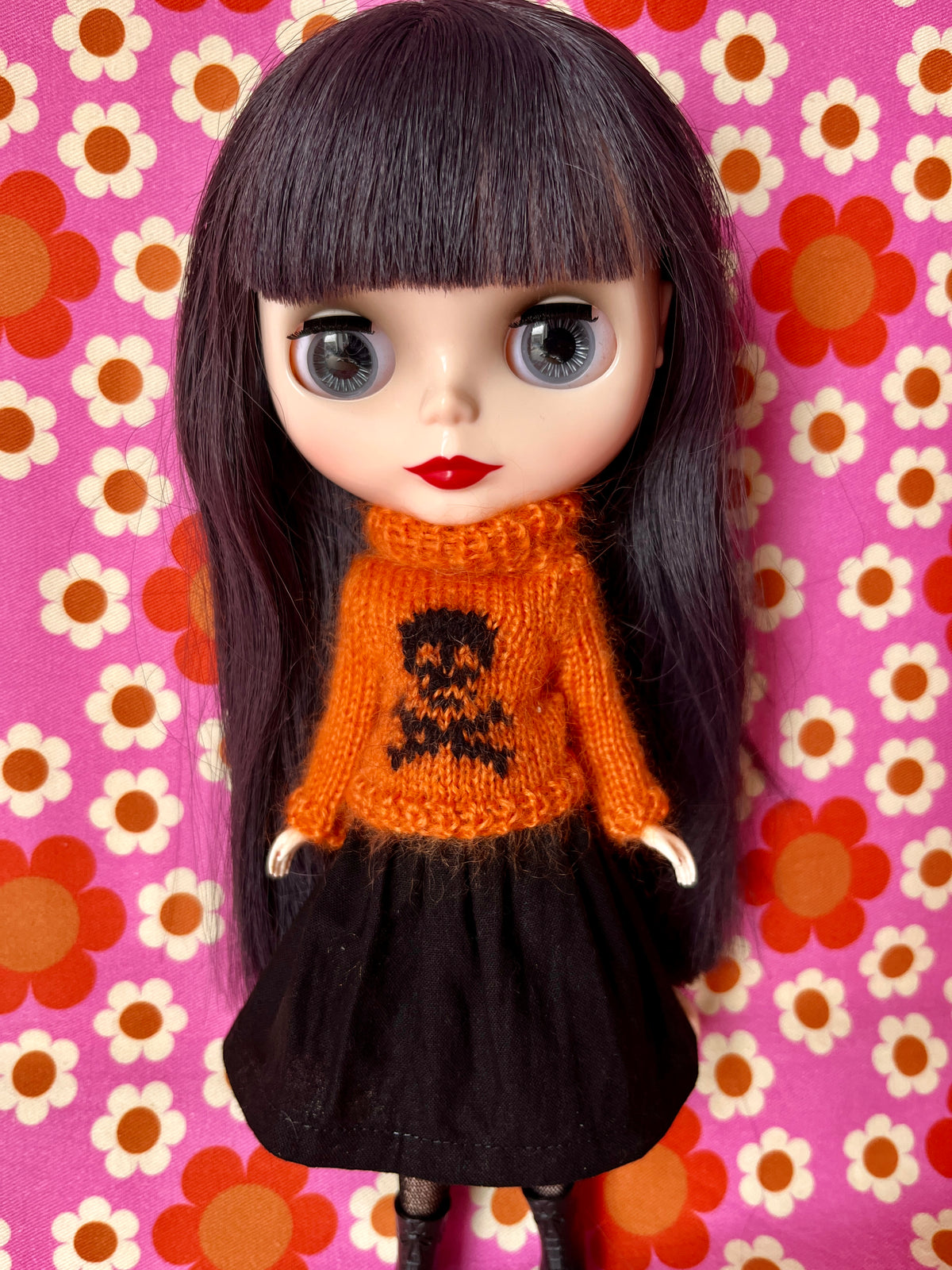 Halloween Fluffy Orange Sweater Black Skull