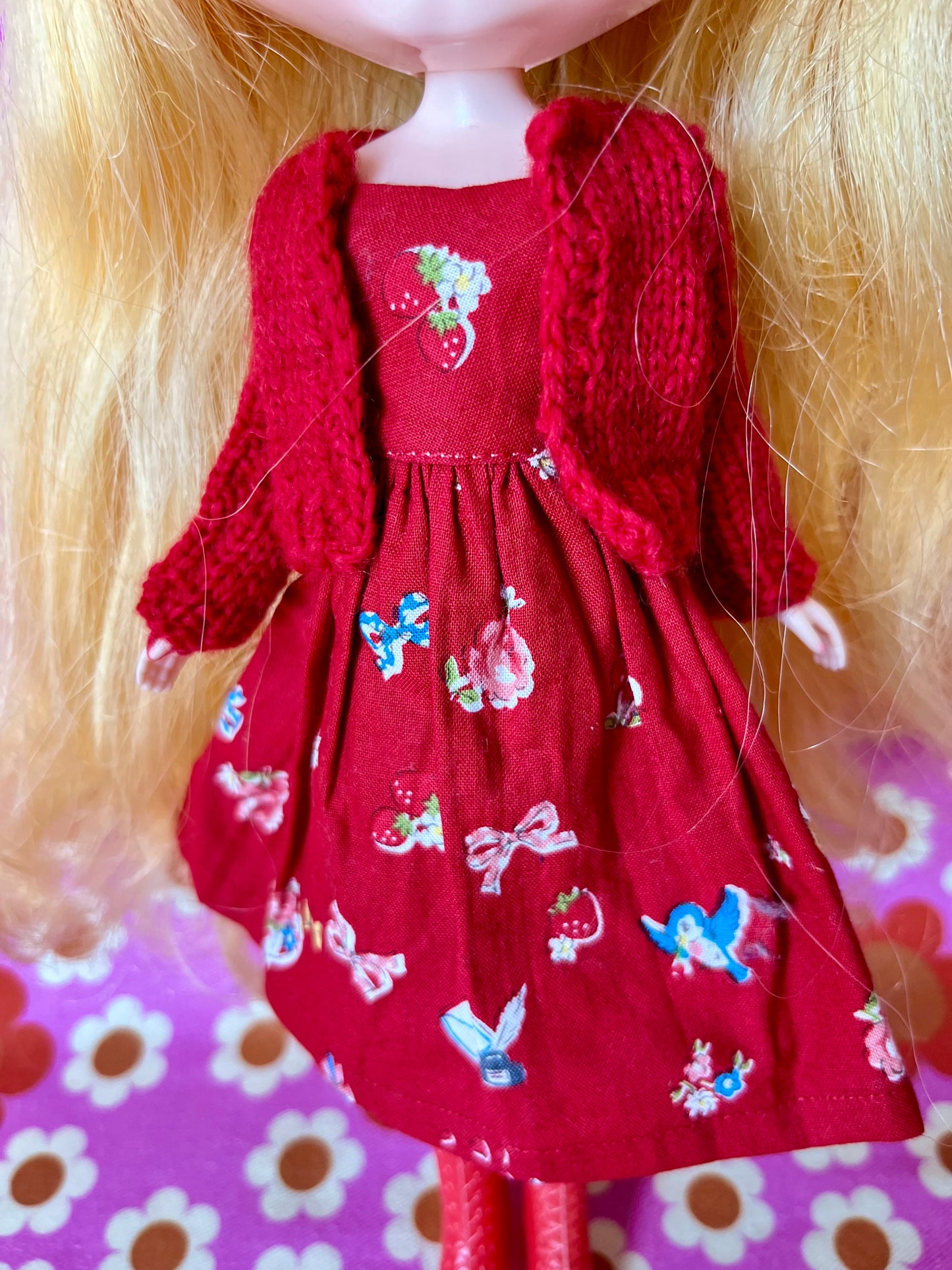 Japanese Print Cap Sleeve Dress & Knitted Cardigan for Blythe Doll