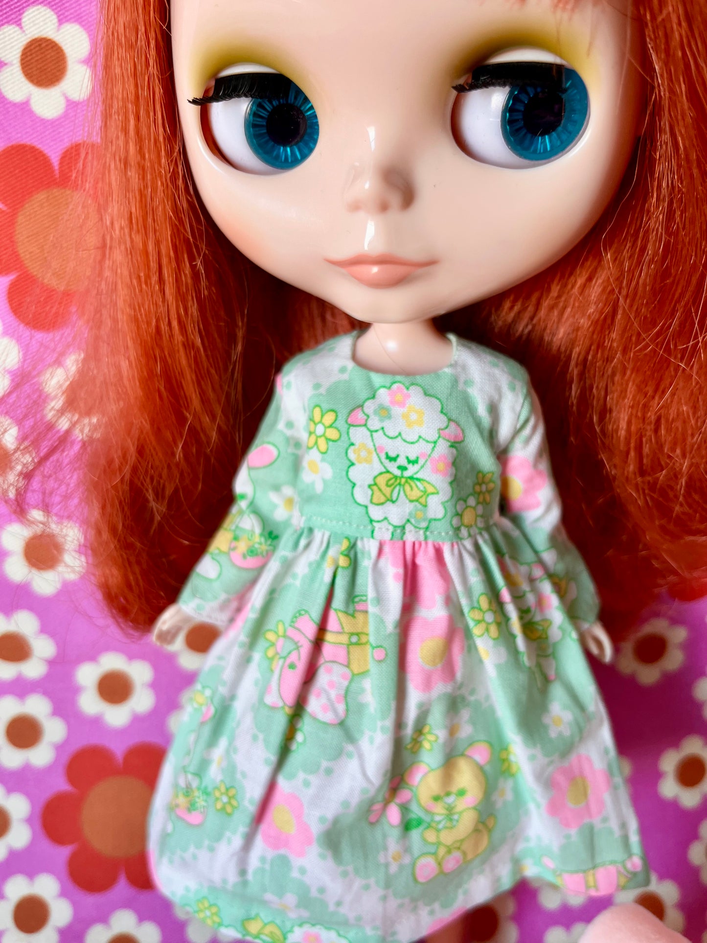 Easter Green Antique Pink Cute Lamb Chick Family Dress for Blythe Doll