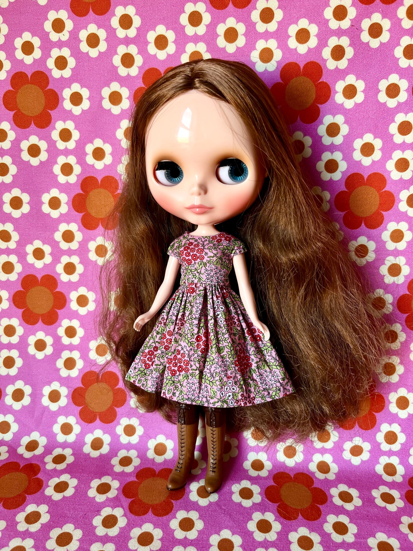 Pink Ditsy Floral Valentine Cap Sleeve Dress for Blythe Doll