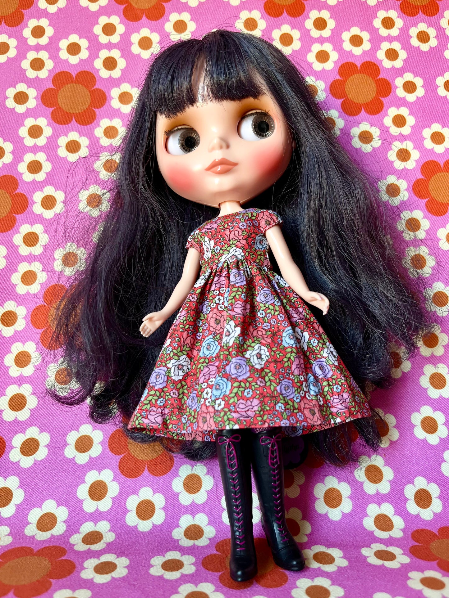 Red Ditsy Floral Valentine Cap Sleeve Dress for Blythe Doll