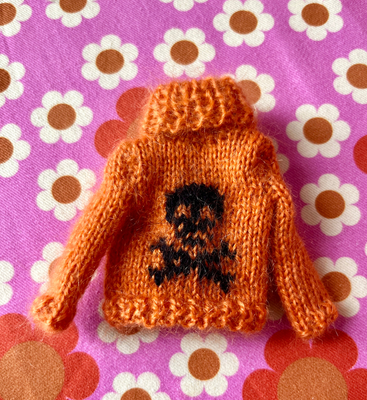 Halloween Fluffy Orange Sweater Black Skull