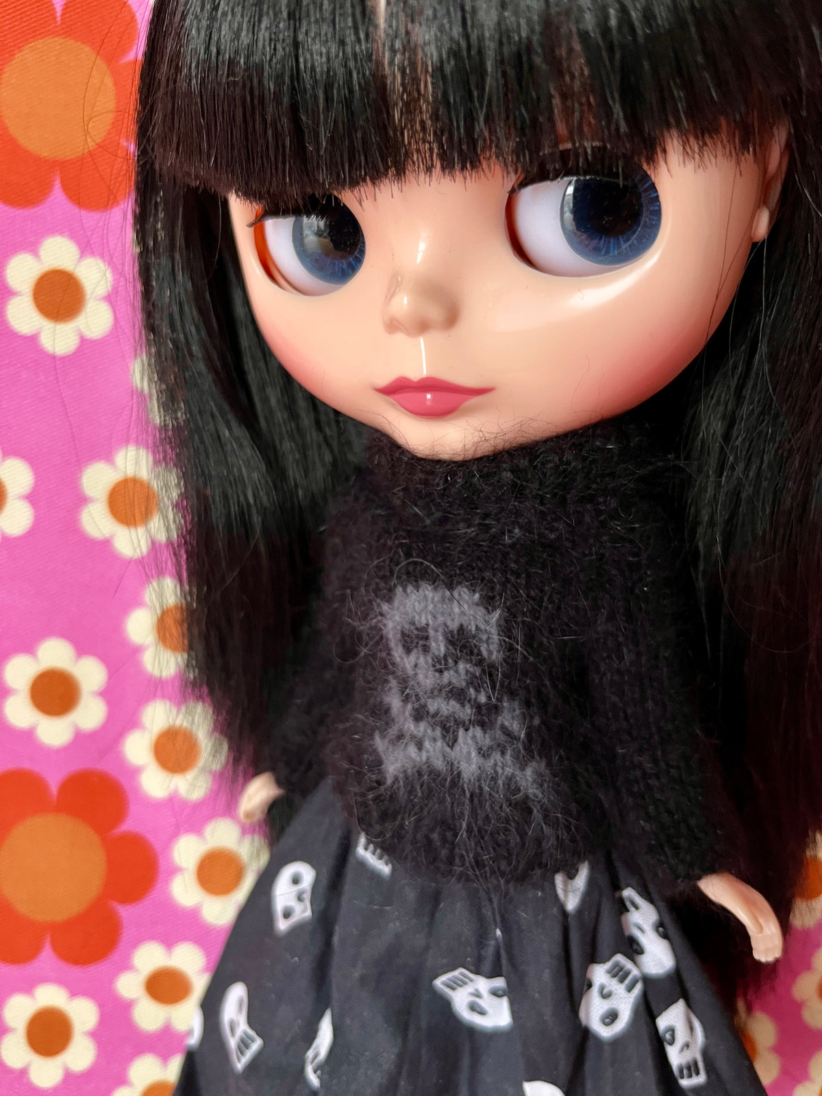 Halloween Fluffy Black Sweater Grey Skull