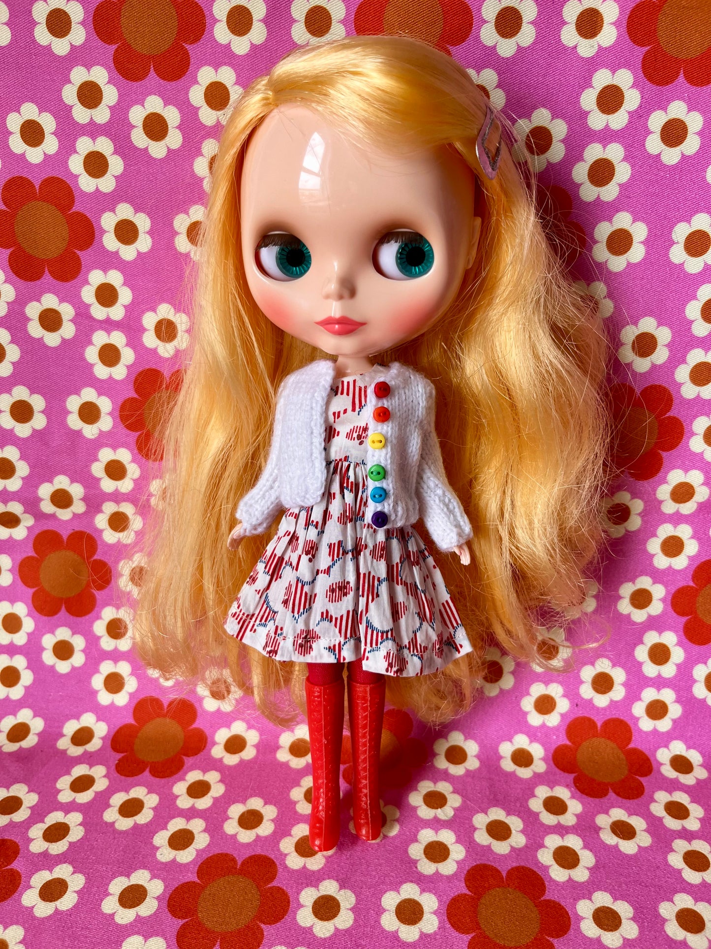 White Liberty Cap Sleeve Dress & Knitted Cardigan for Blythe Doll