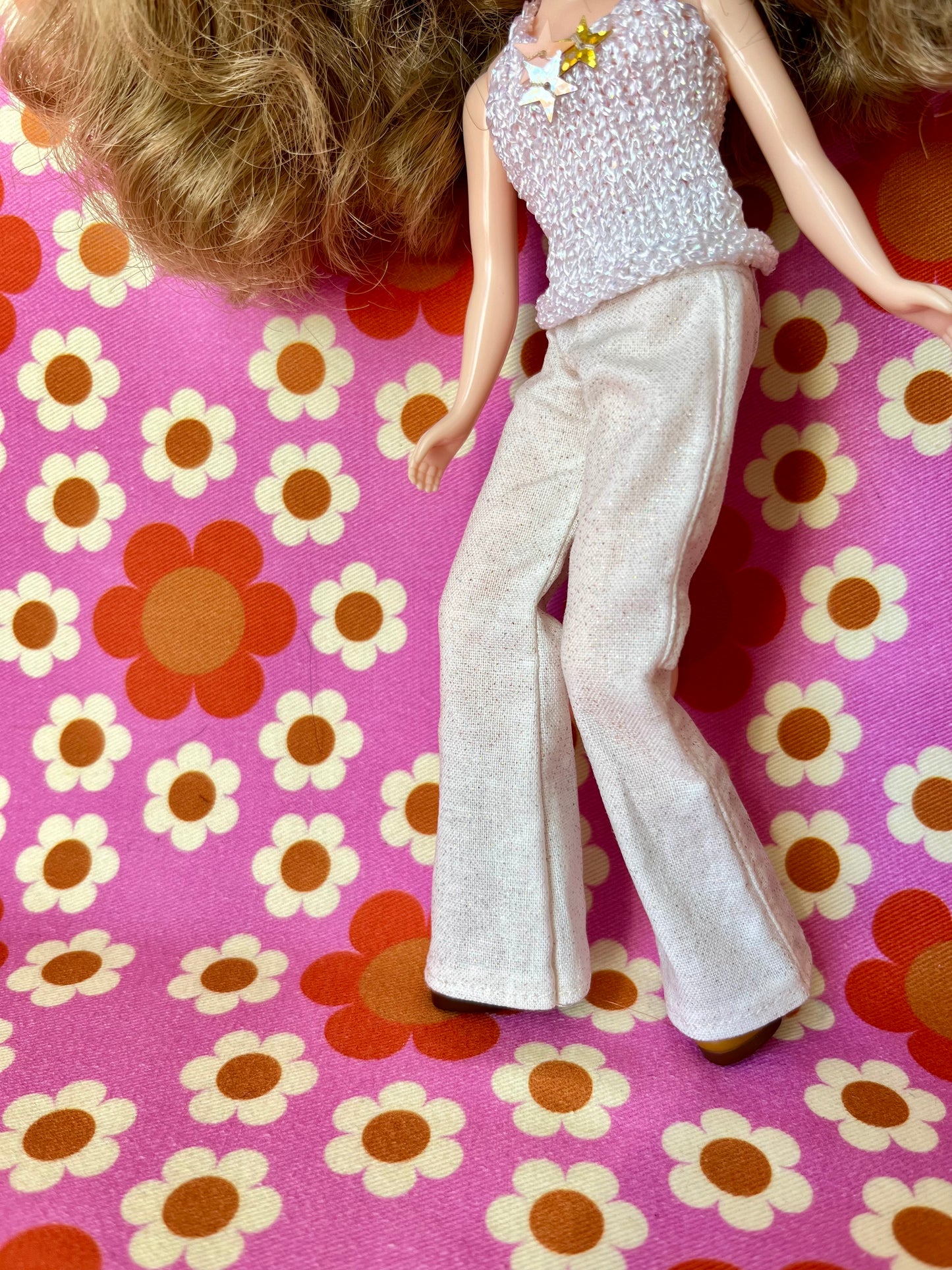 Cream Glitter Sparkle Flared Jeans Trousers for Blythe Doll Limited!