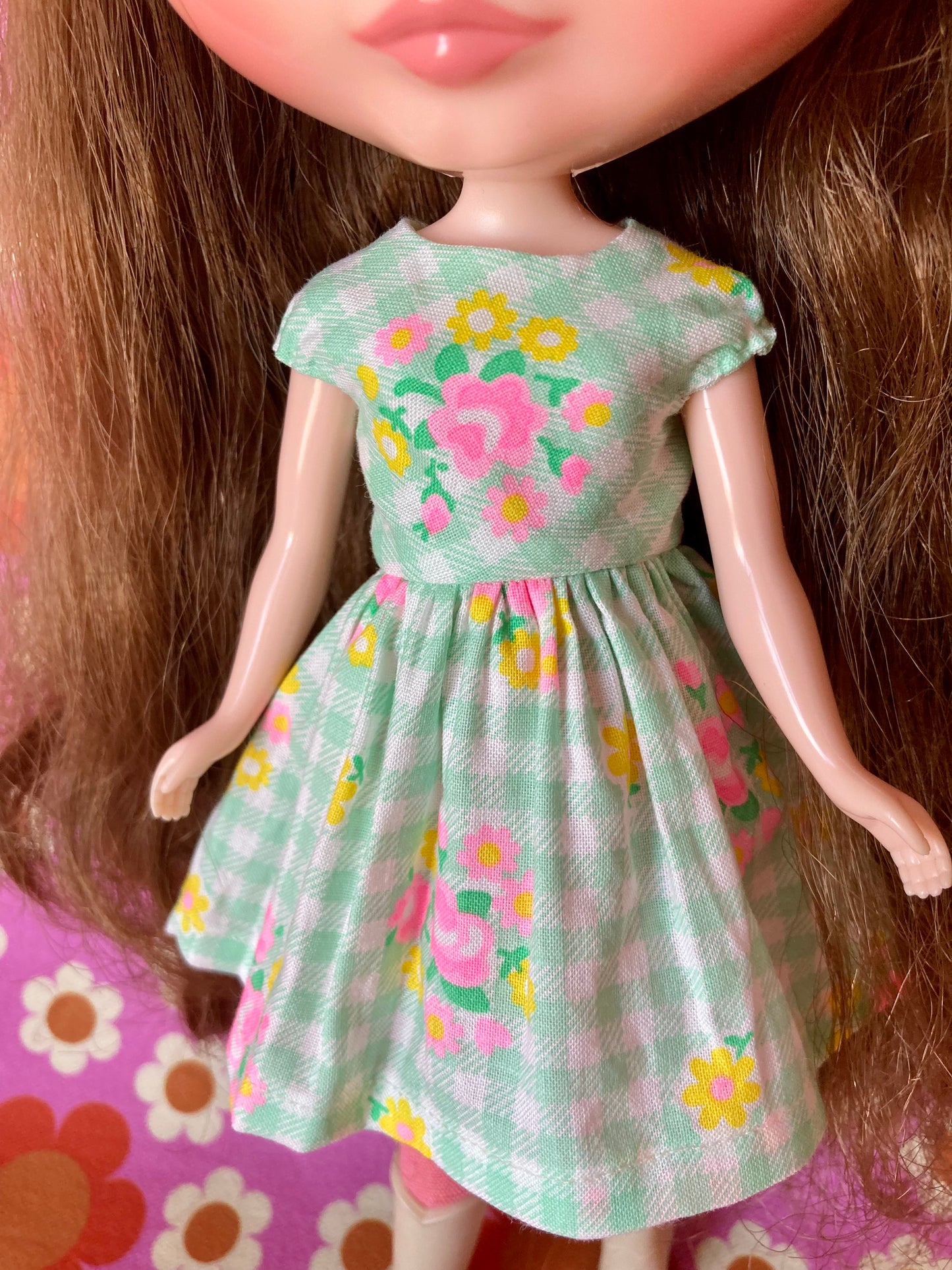 Green Gingham Cap Sleeve Dress for Blythe Doll