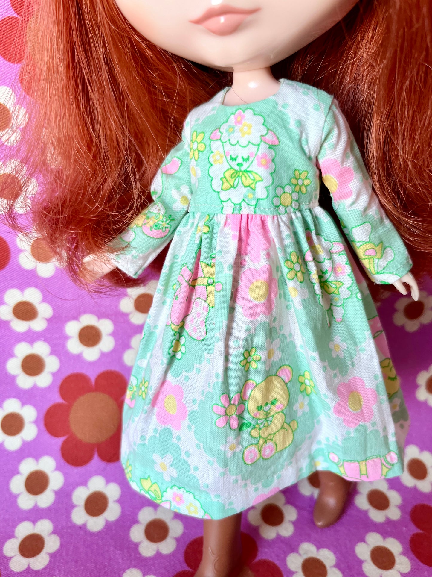 Easter Green Antique Pink Cute Lamb Chick Family Dress for Blythe Doll