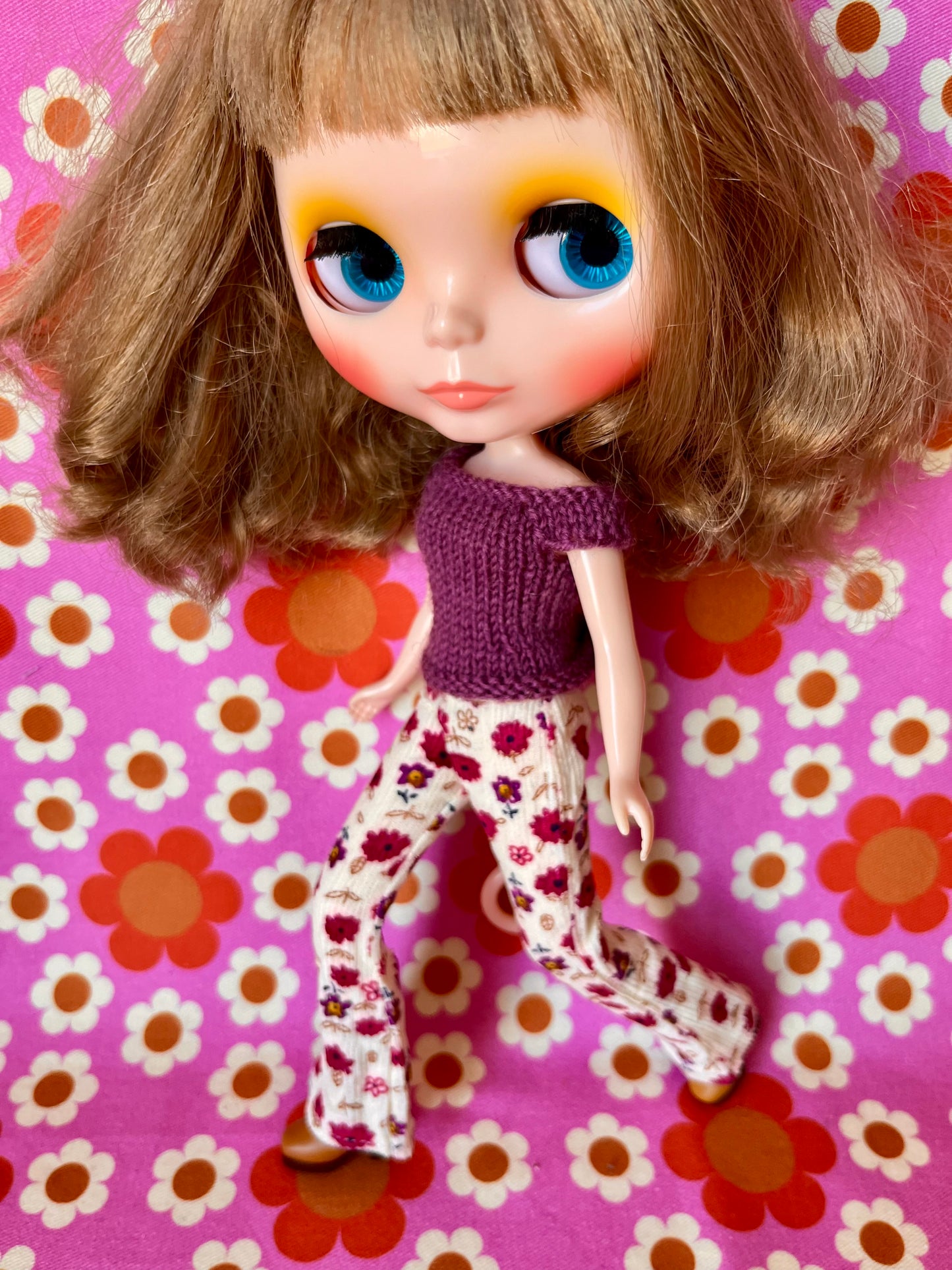 Cream Floral Flared Jeans Corduroy Trousers for Blythe Doll