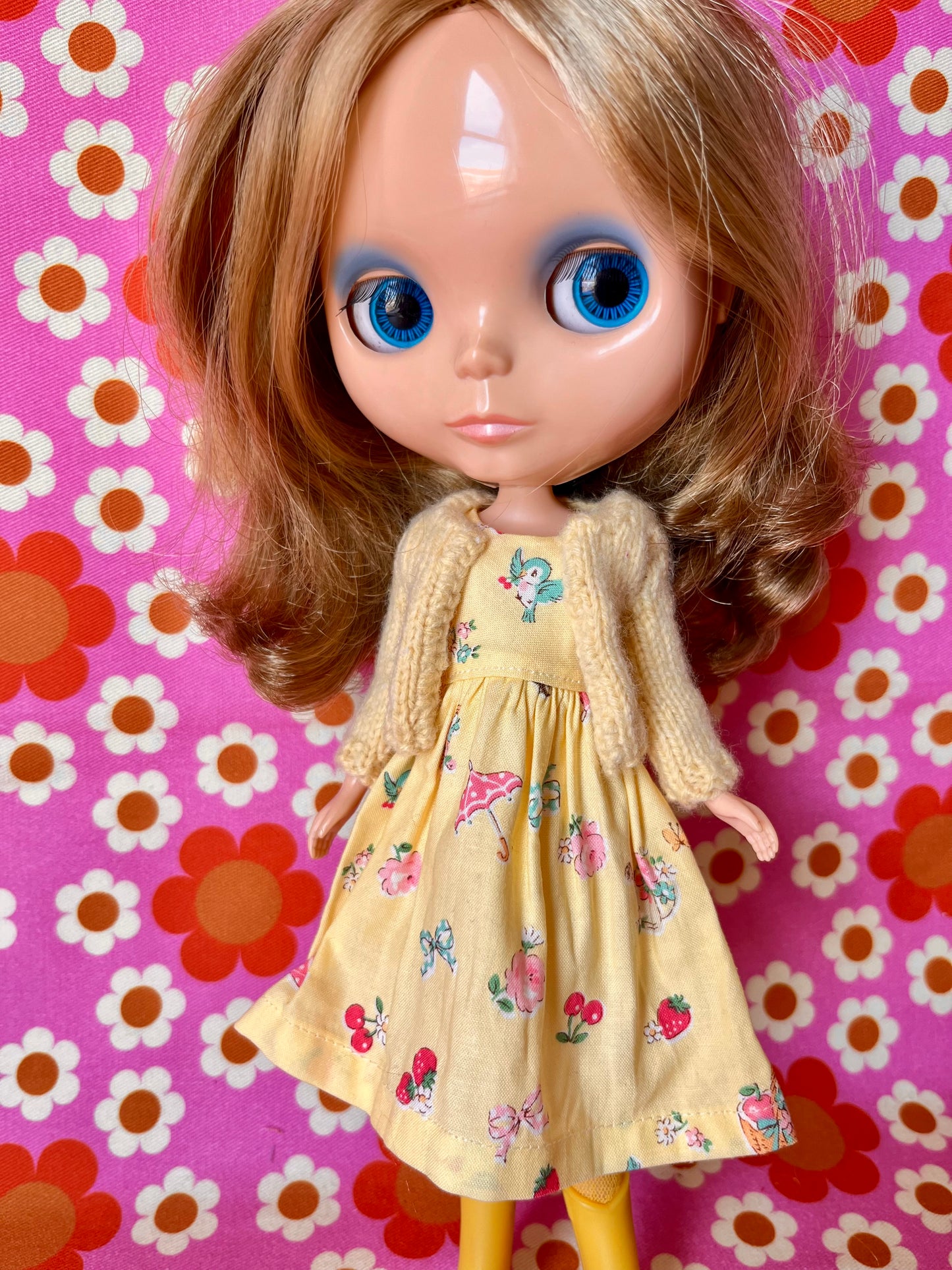 Japanese Print Cap Sleeve Dress & Knitted Cardigan for Blythe Doll
