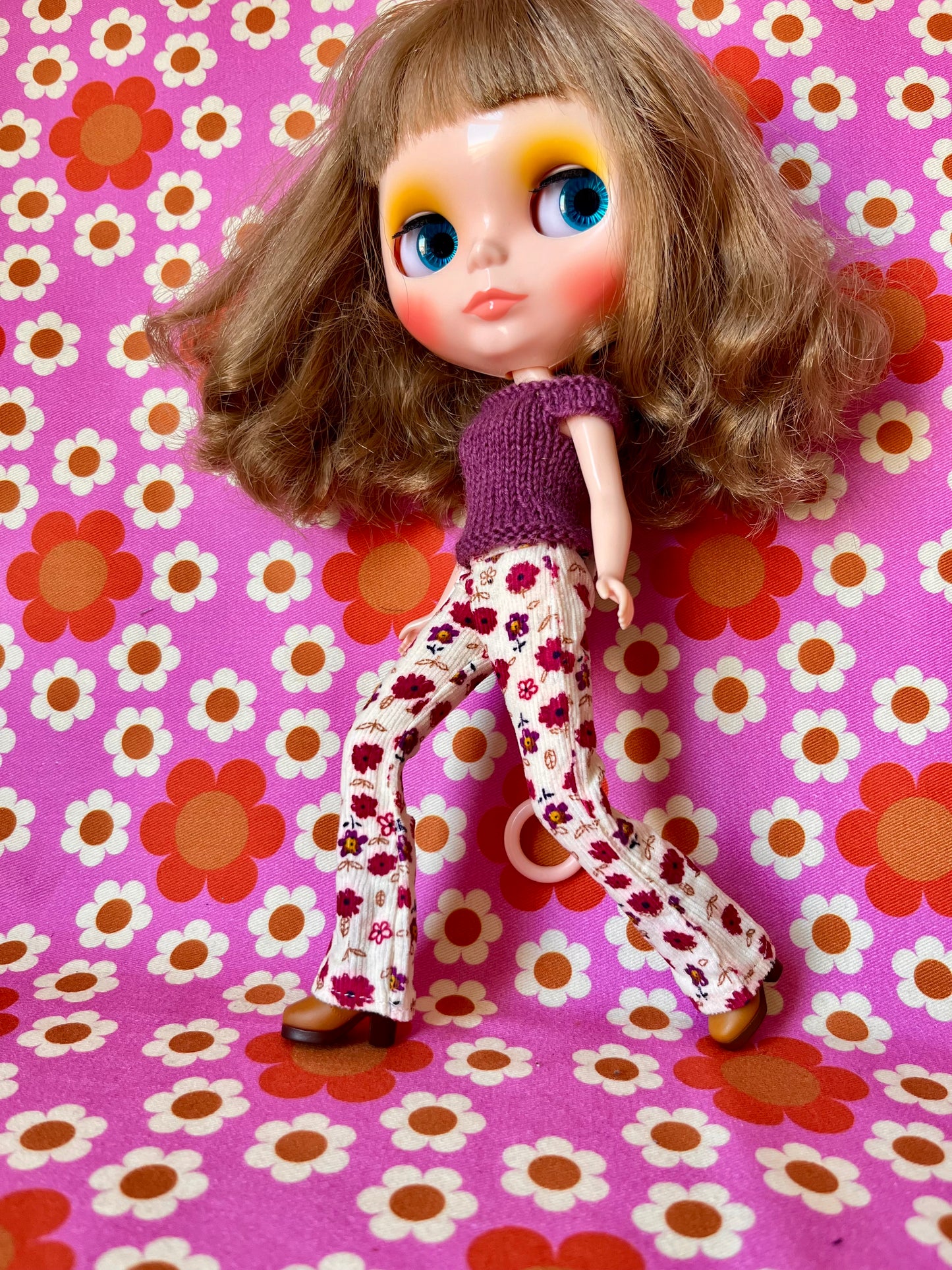 Cream Floral Flared Jeans Corduroy Trousers for Blythe Doll