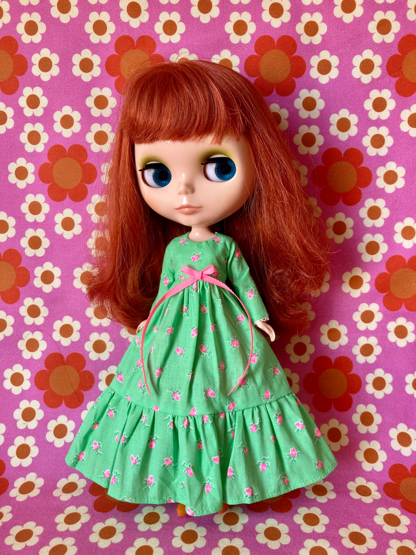 Green Long Neon Rosebud Print Dress for Blythe Doll