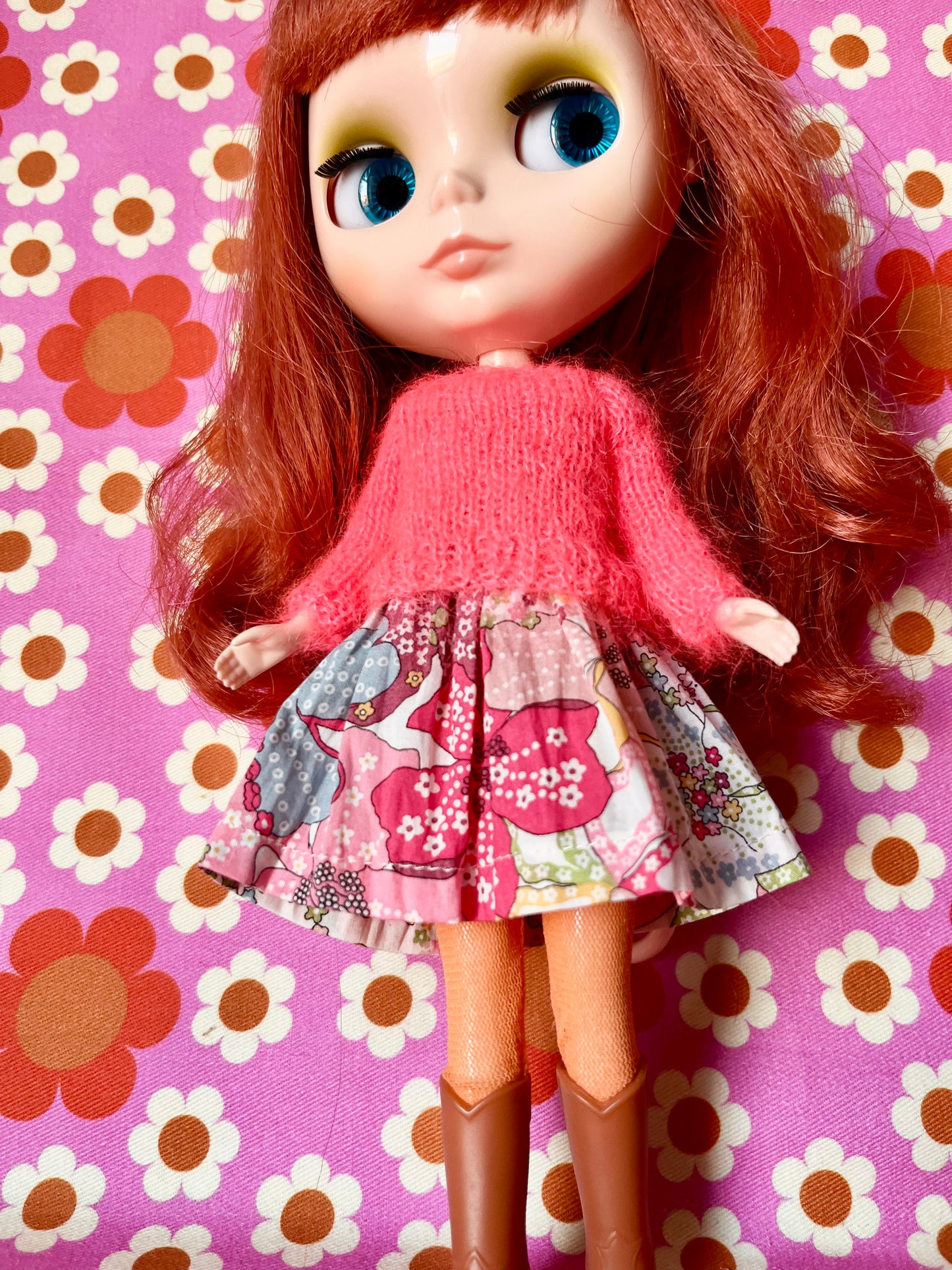 Liberty Print Dress & Reversible Mohair Cardigan for Blythe Doll