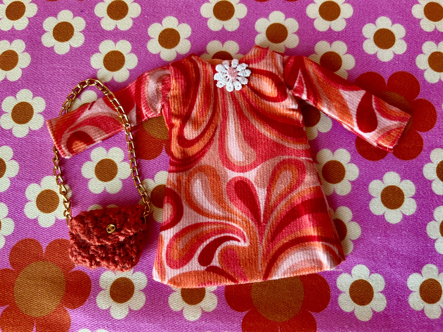 Psychedelic Corduroy Shift dress with sleeves & Bag which opens