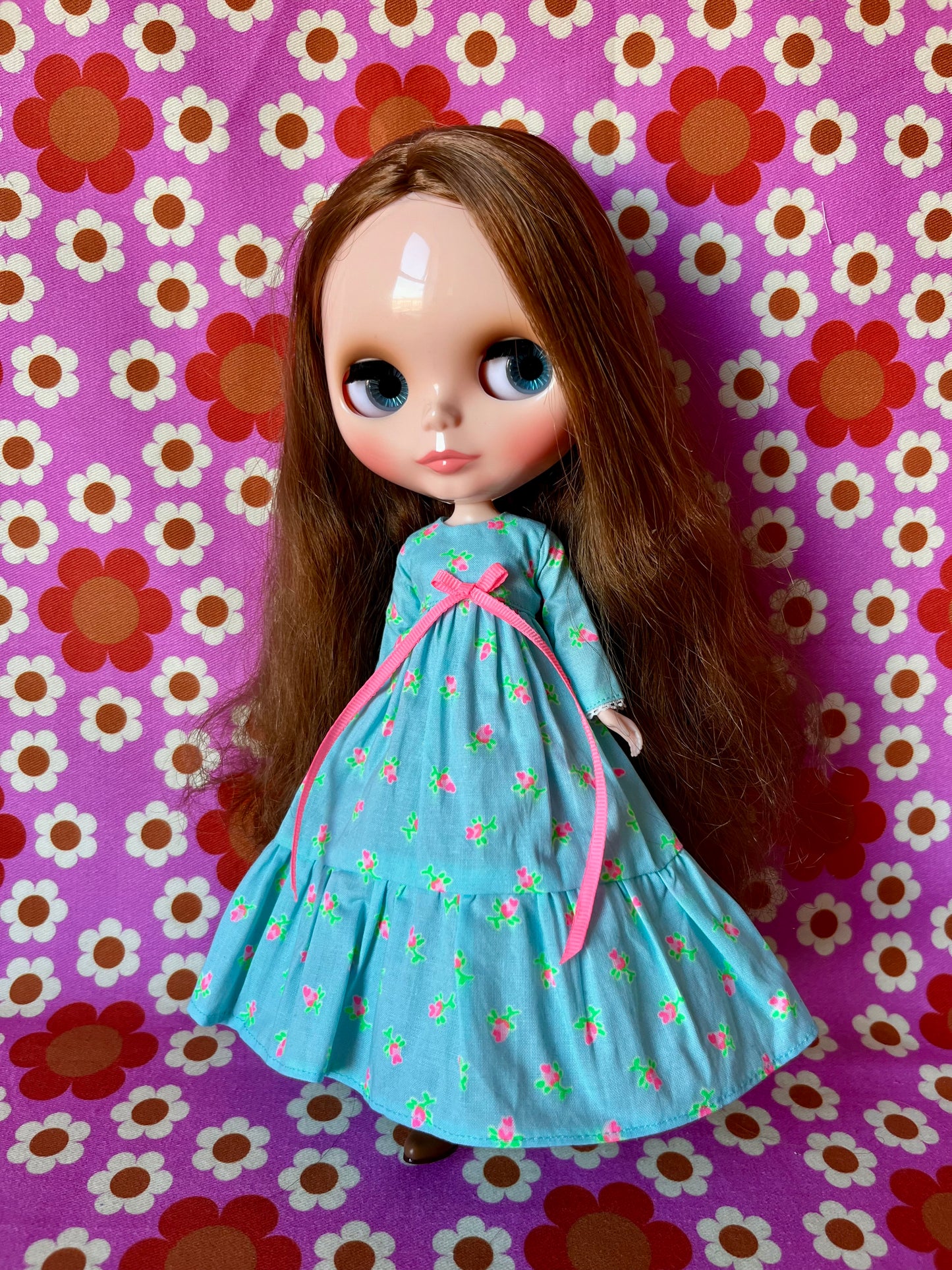 Long Neon Rosebud Print Dress for Blythe Doll