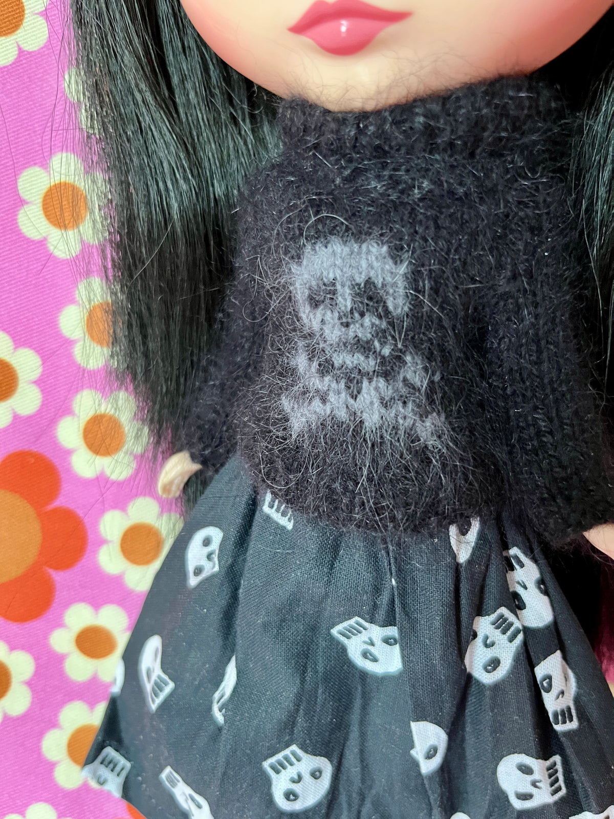 Halloween Fluffy Black Sweater Grey Skull